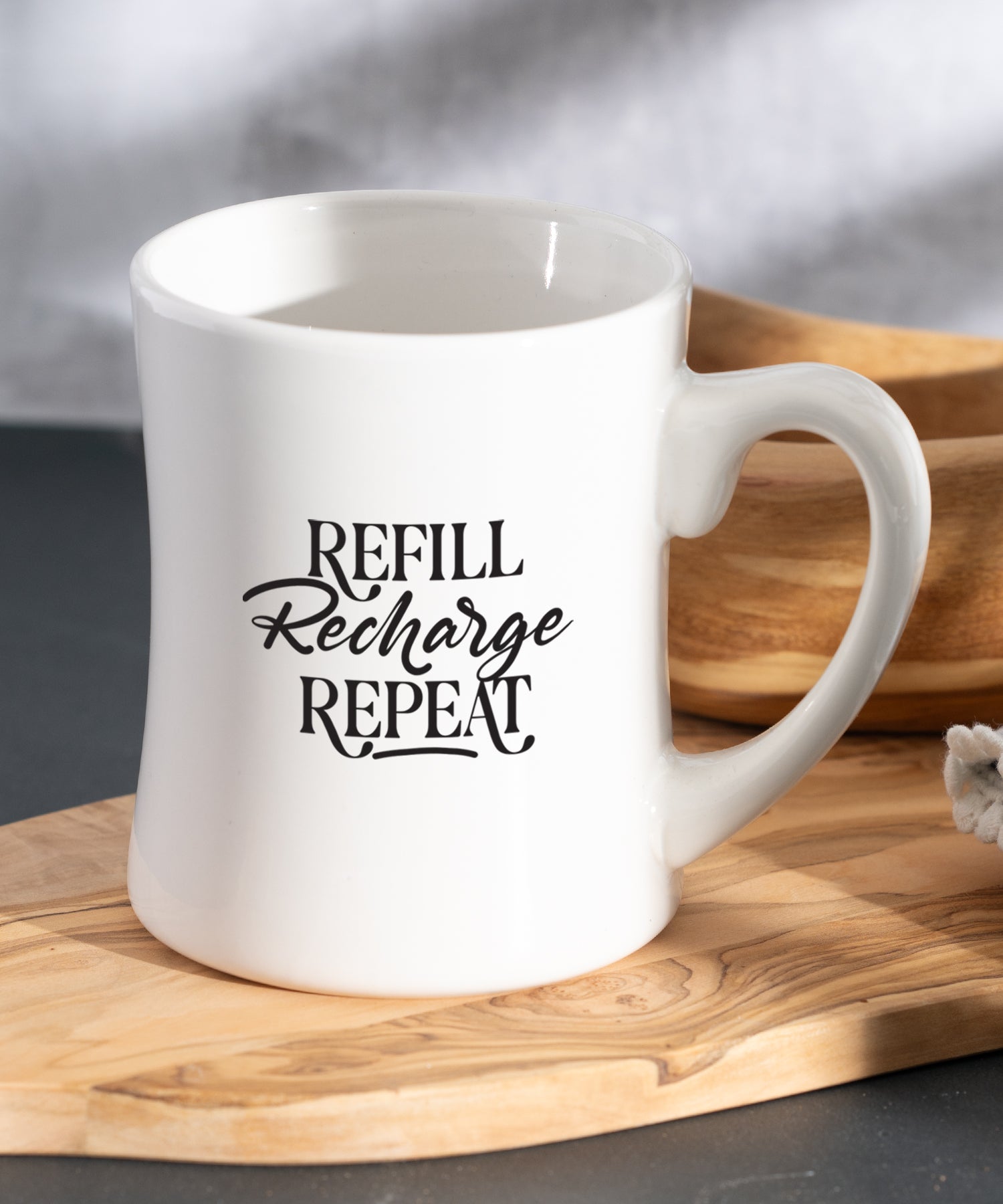 Refill Recharge Repeat Coffeehouse Mug with white ceramic concave shape and motivational message