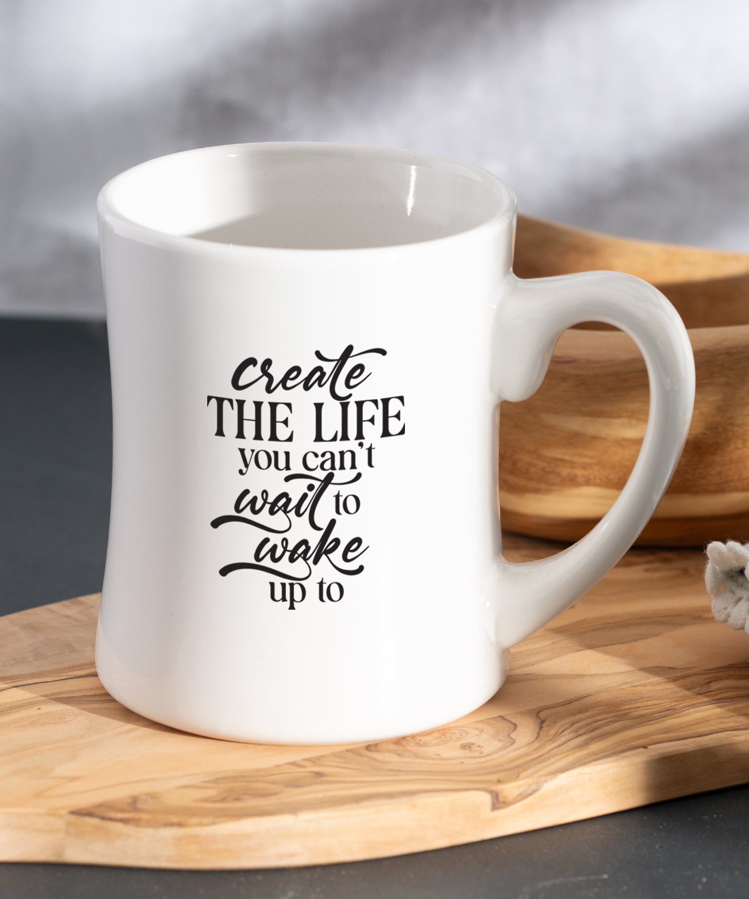 Create the Life Coffeehouse Mug with white ceramic concave shape and motivational message