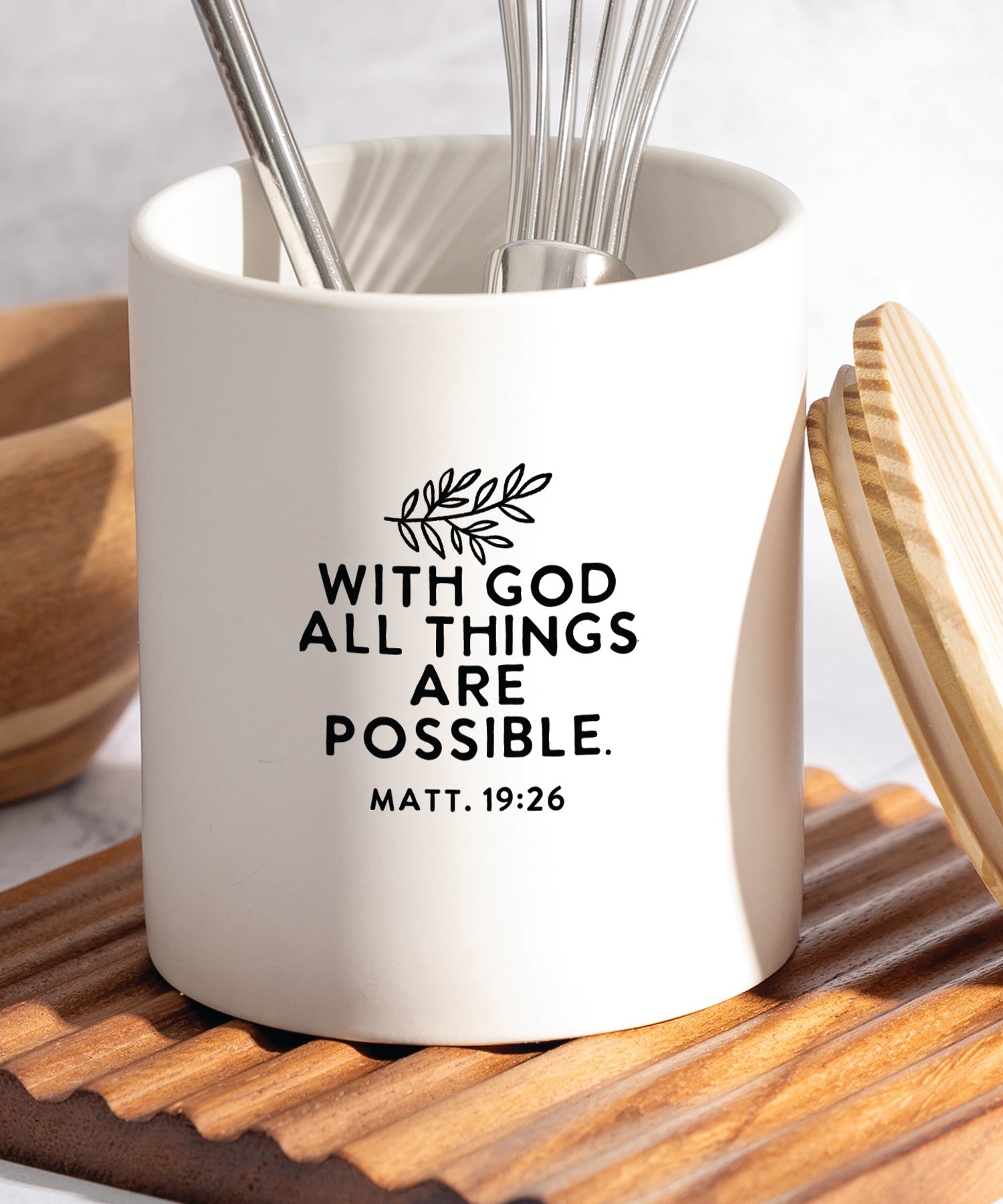 With God all things are possible ceramic canister with pine wood lid and farmhouse design