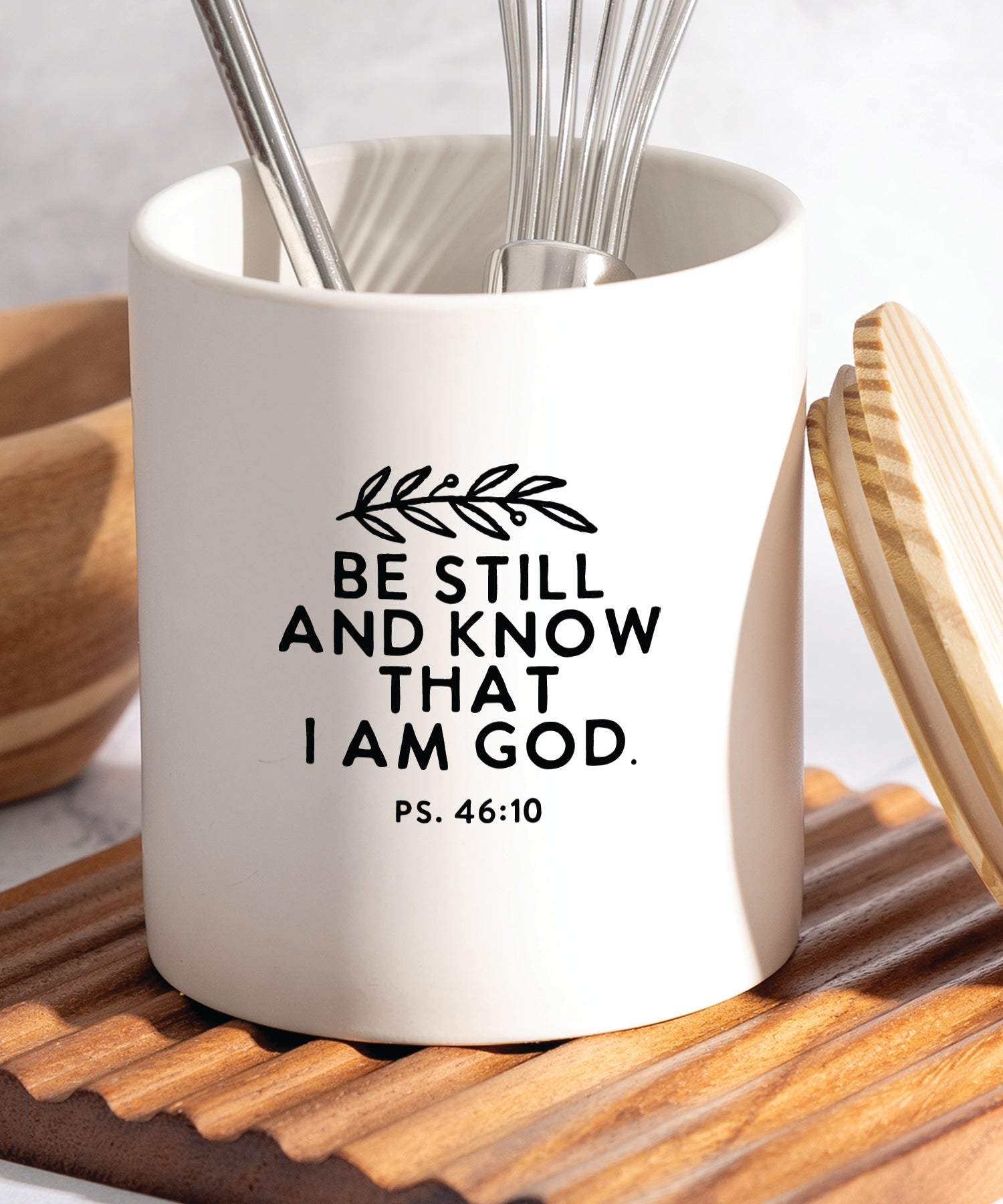 Be Still and Know ceramic canister with Bible verse and pine wood lid
