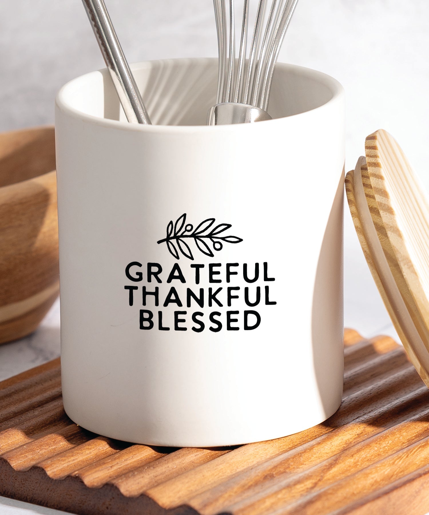 Grateful Thankful Blessed ceramic canister with inspirational message and pine wood lid