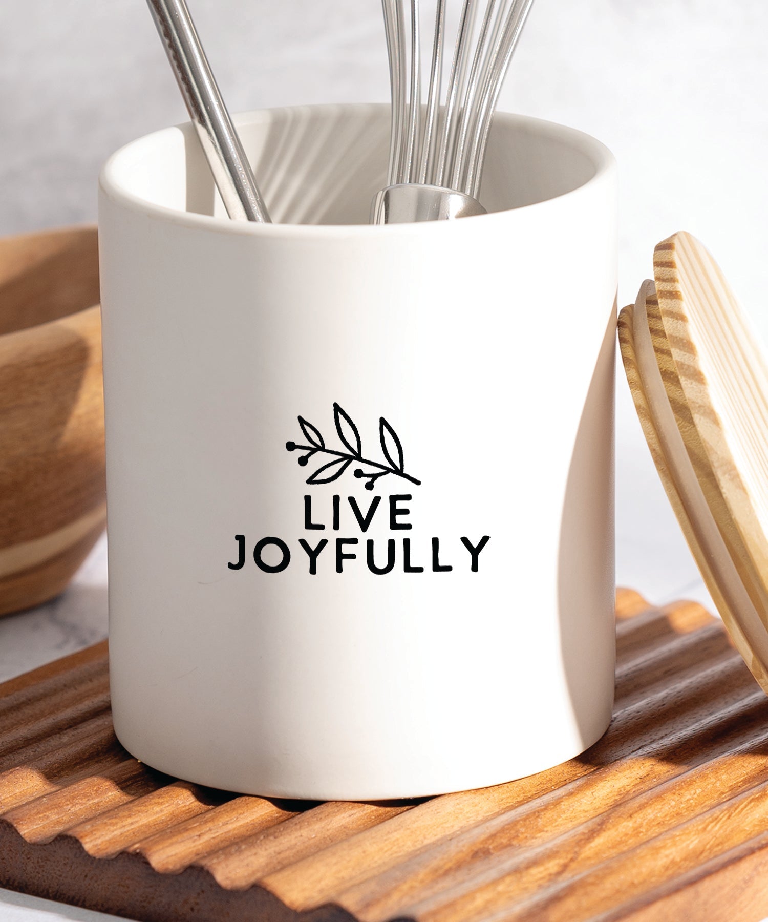 Live Joyfully Canister with Farmhouse Charm and Pine Wood Lid