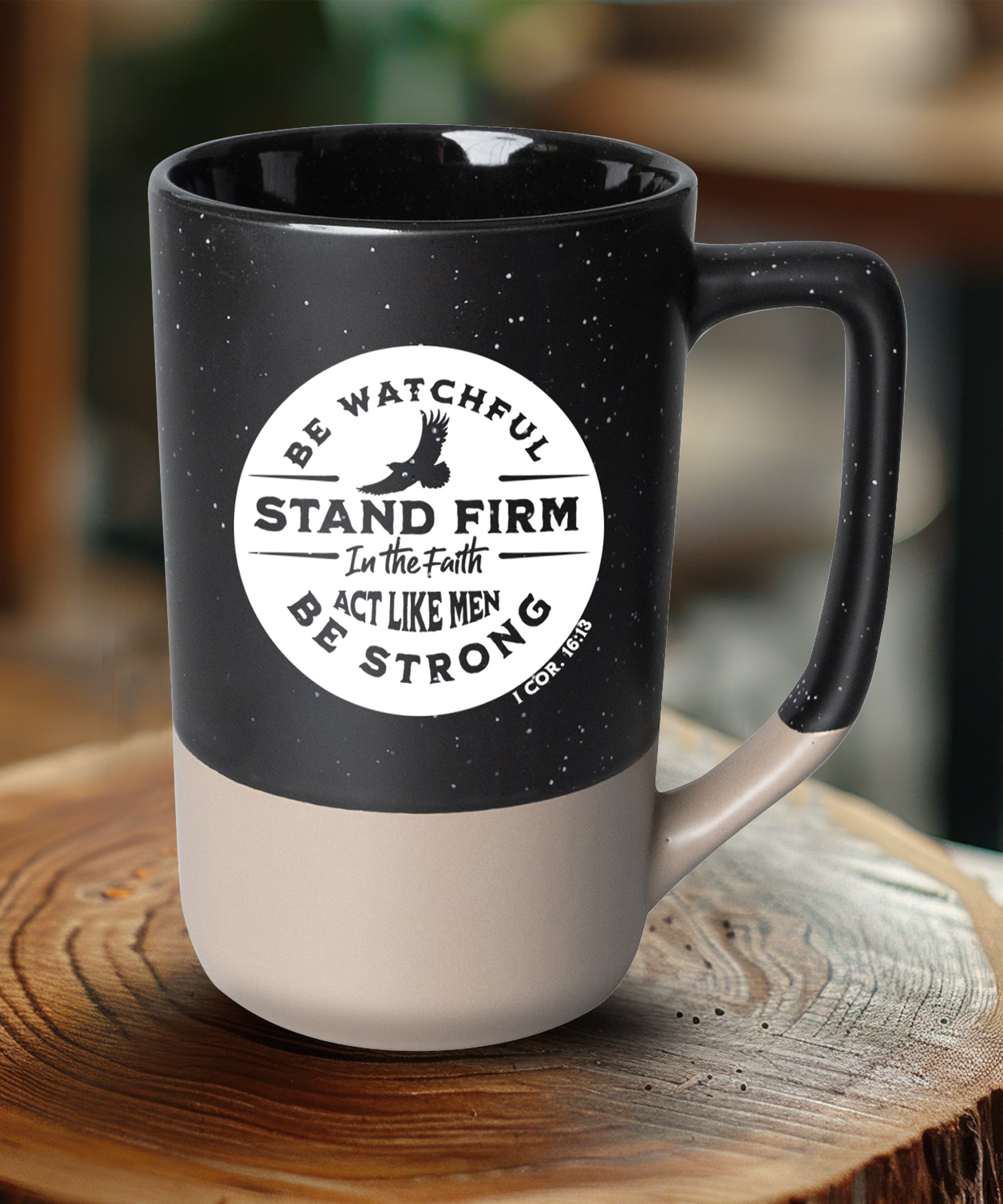 Two-toned ceramic mug with pebble accents featuring Be Watchful and a corresponding image.