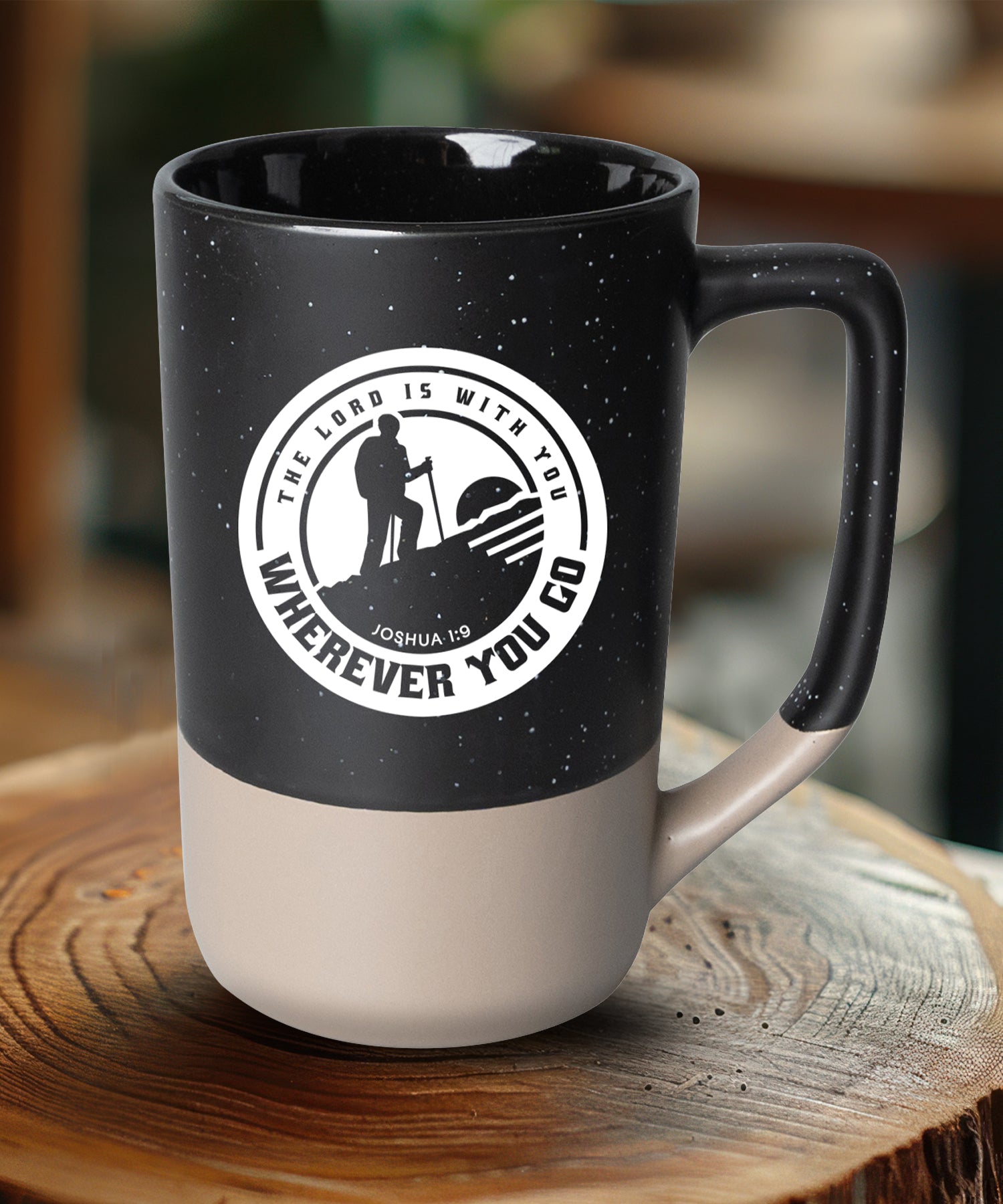 Two-toned ceramic mug with pebble accents featuring The Lord Is With You and a corresponding image.