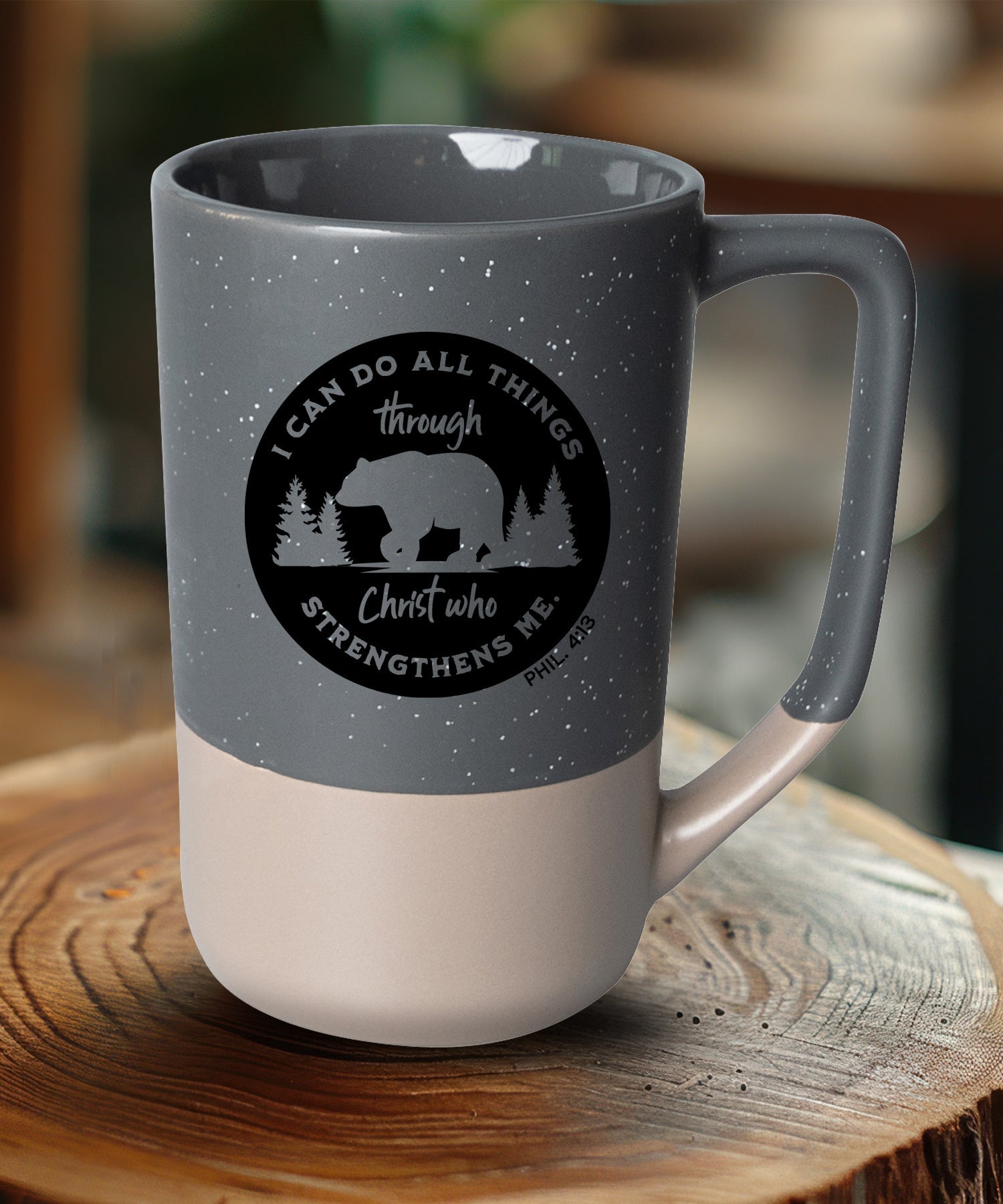 I Can Do All Things Pebble Mug with speckled two-tone design and Philippians 4:13 verse