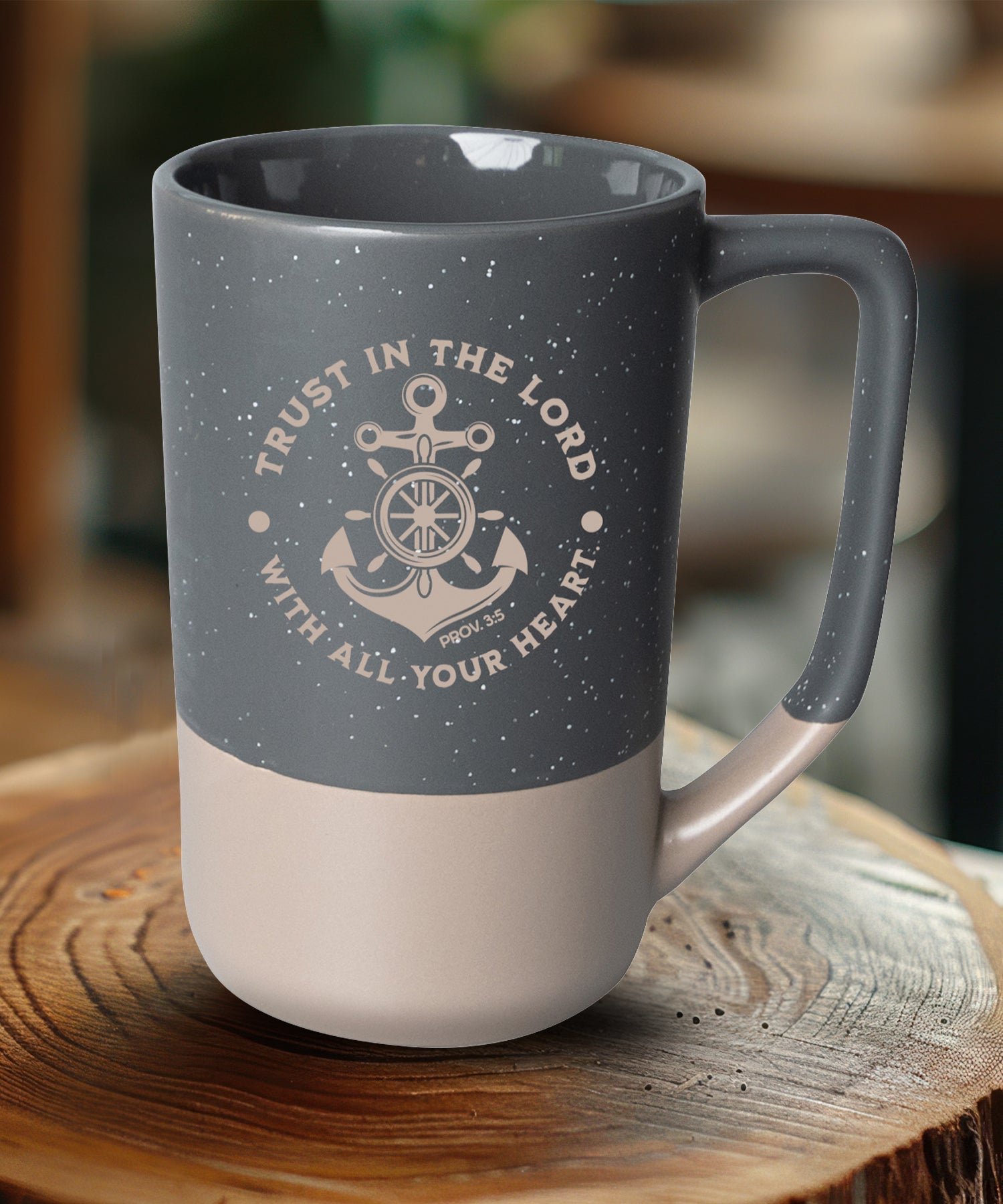 Two-toned ceramic mug with pebble accents featuring Trust in the Lord and a corresponding image.