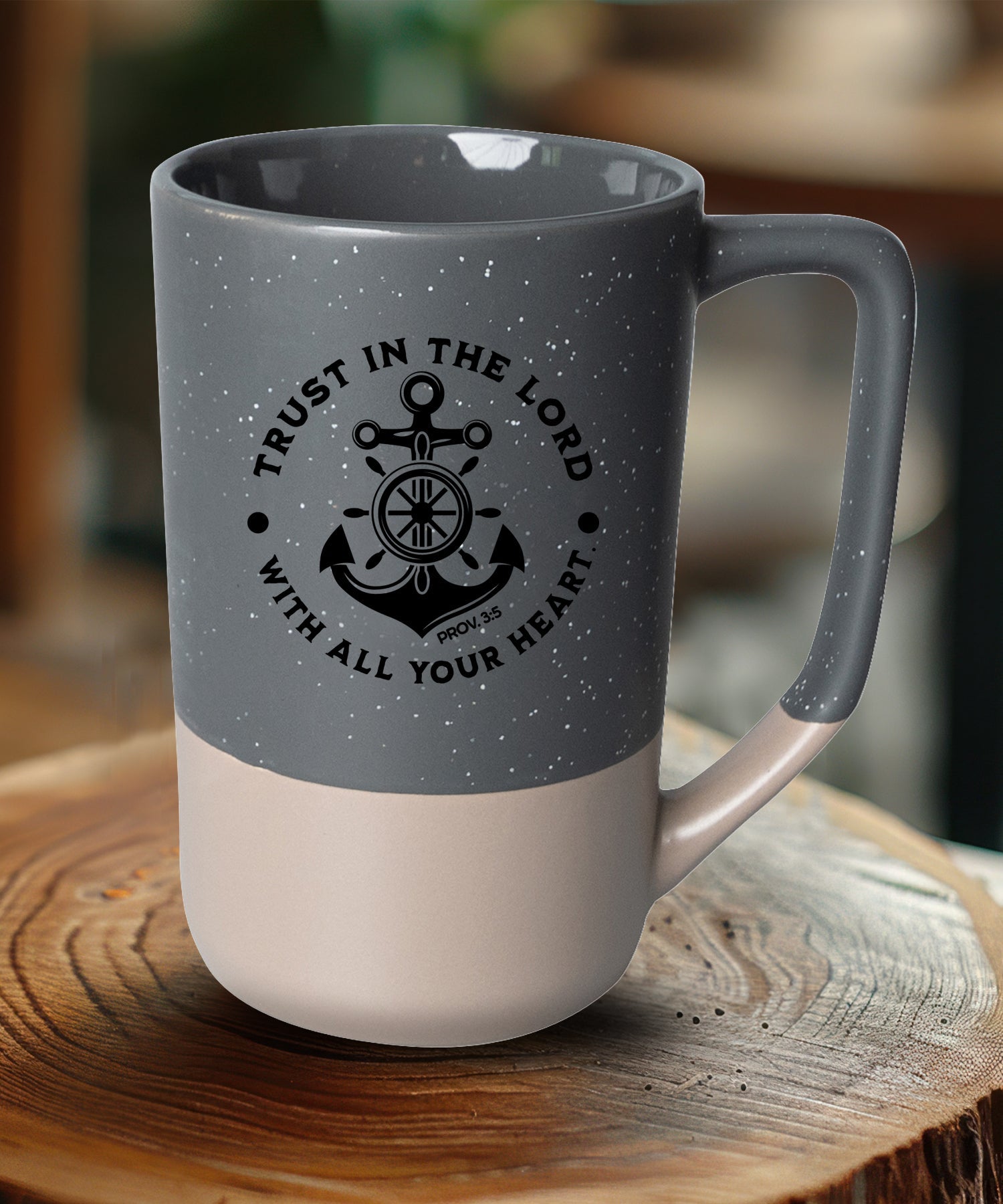 Trust in the Lord Pebble Mug with speckled two-tone design and Proverbs 3:6 verse