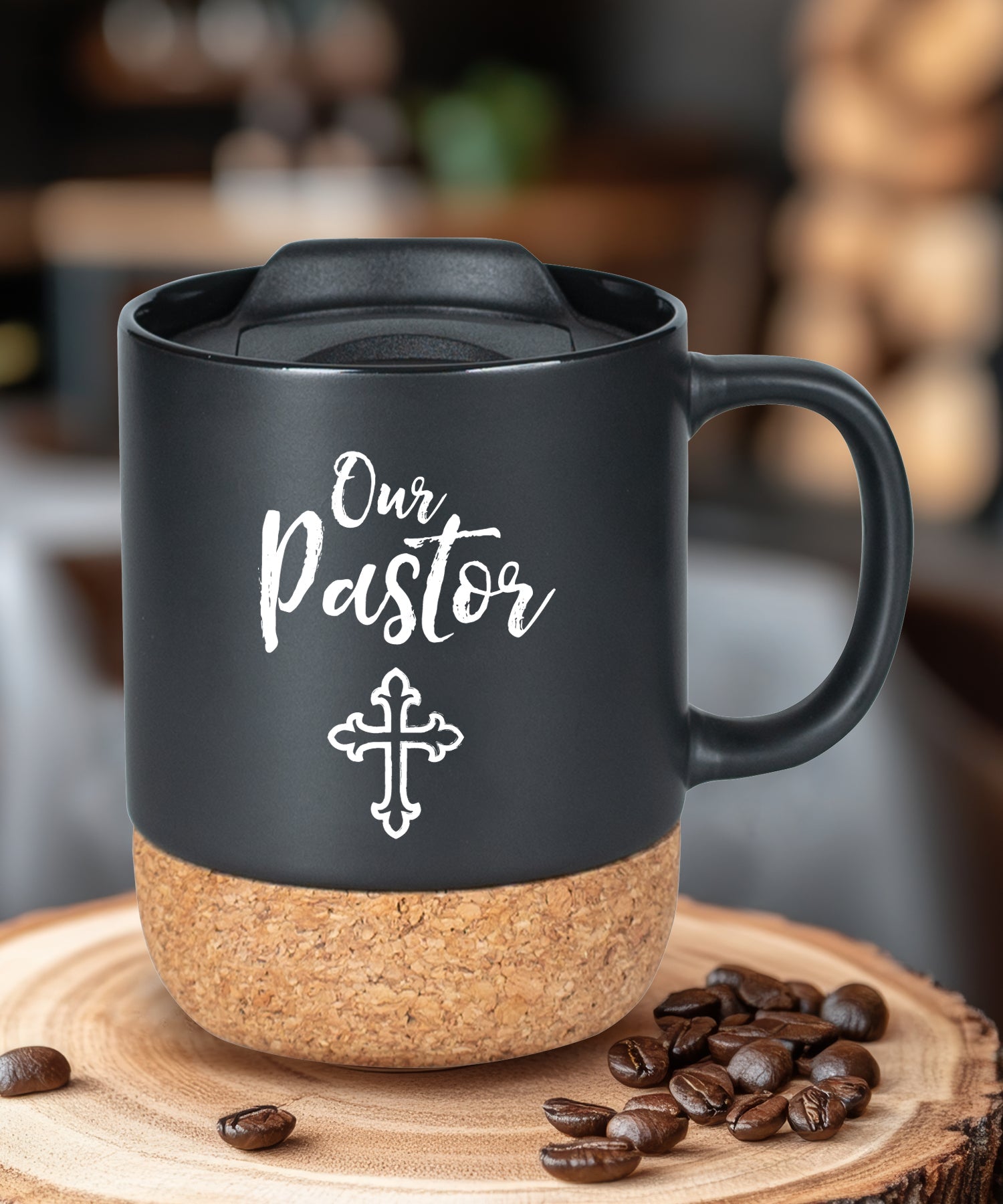 Cork bottom mug with a push-on, slide-locking lid featuring Pastor.