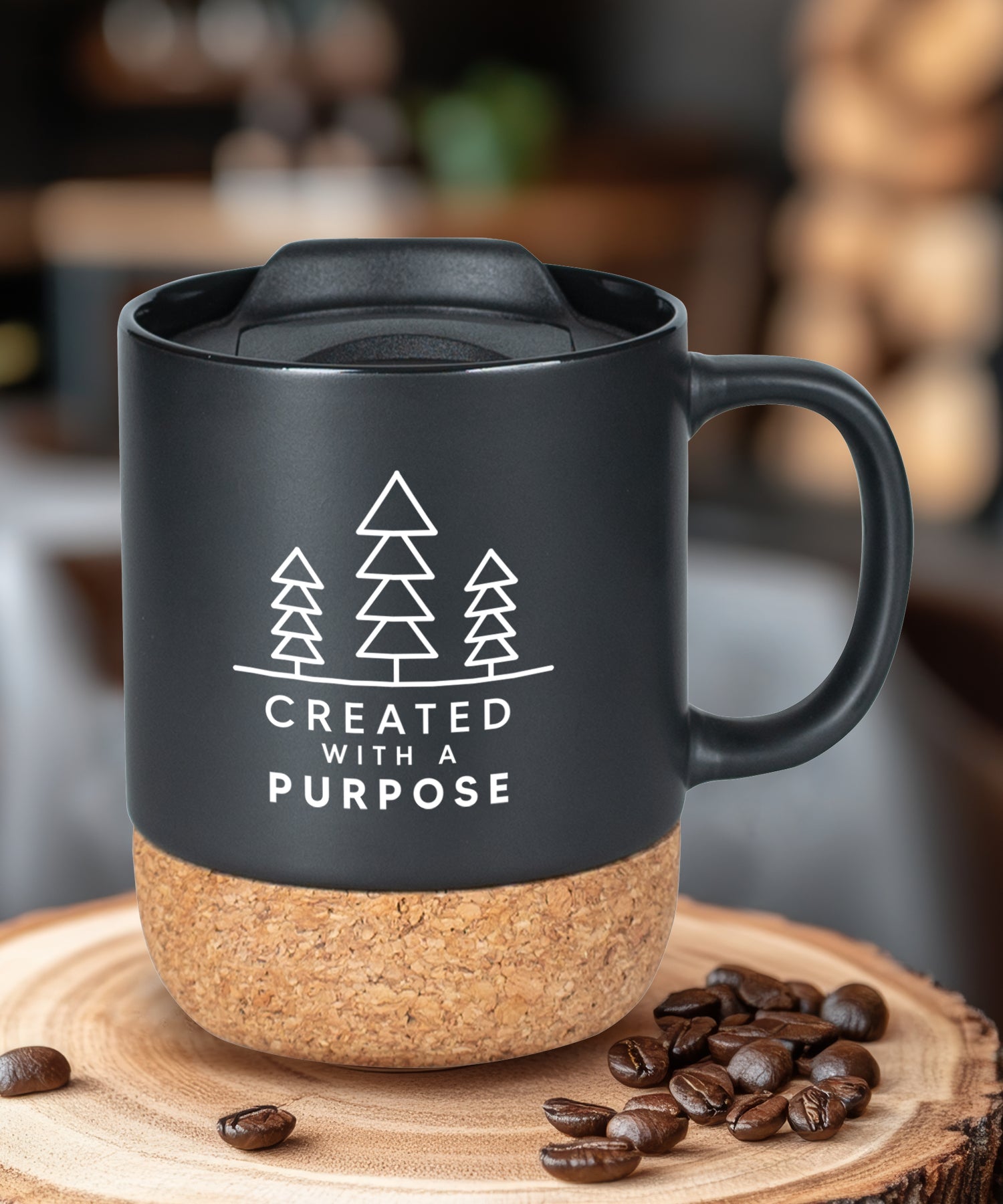 Cork bottom mug with a push-on, slide-locking lid featuring Created With a Purpose.