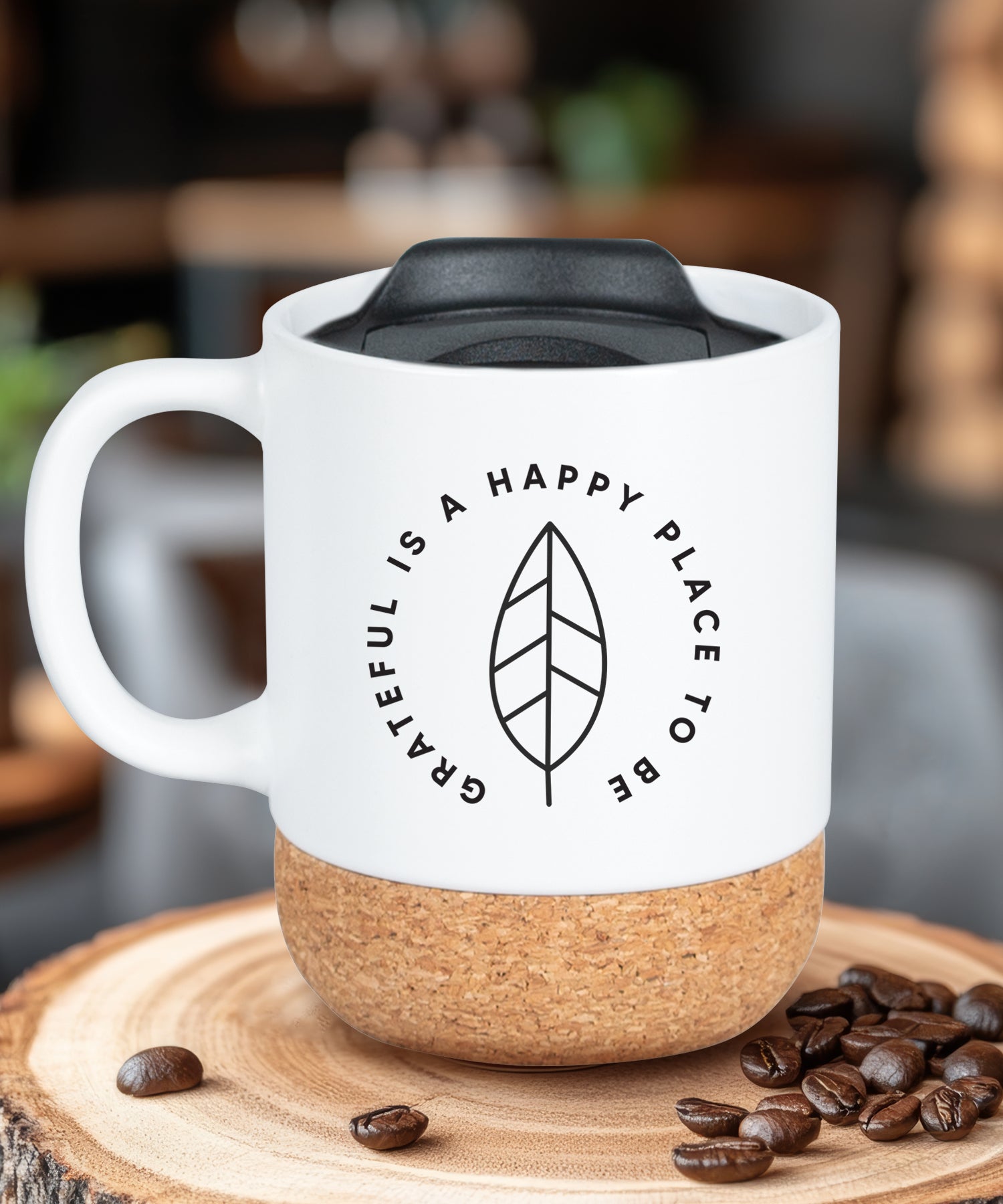 Grateful Is a Happy Place Cork Bottom Mug