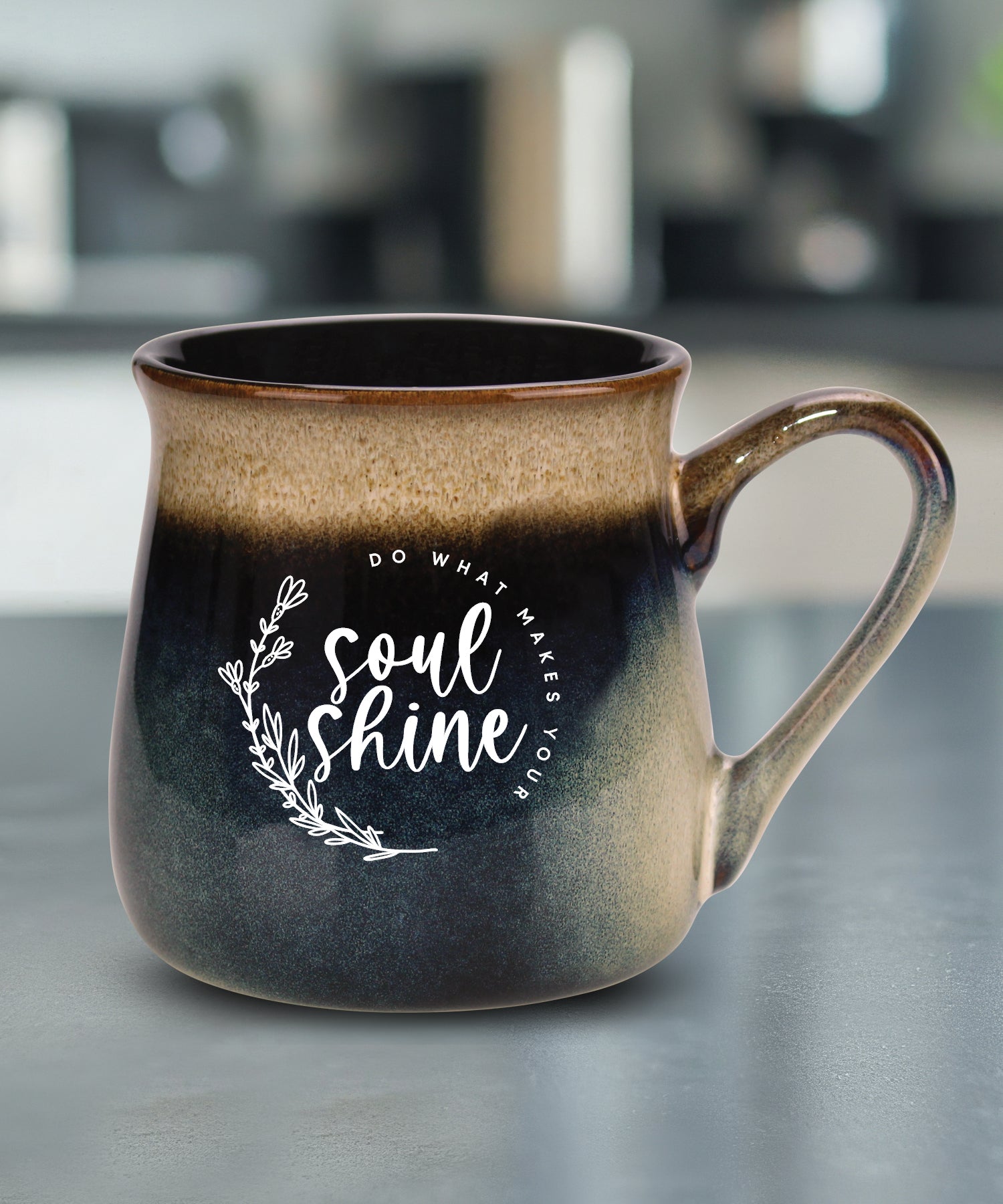 Soul Shine reactive glazed ceramic mug with unique color finish and uplifting inspirational message, 16 oz