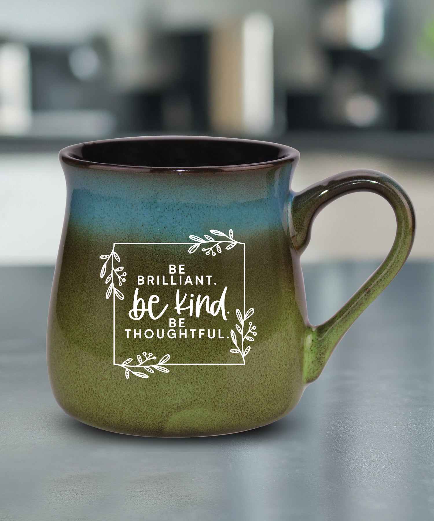 Be Brilliant reactive glazed ceramic mug with unique color finish and uplifting inspirational message, 16 oz