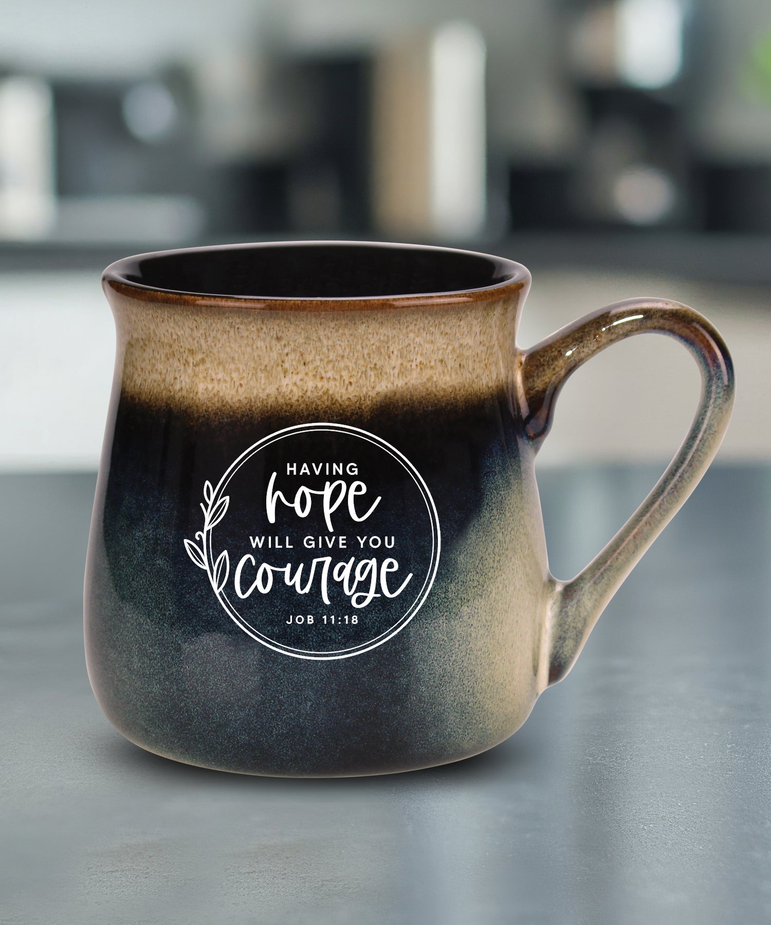 Having Hope reactive glazed ceramic mug with unique color finish and scripture encouragement message, Job 11:18, 16 oz