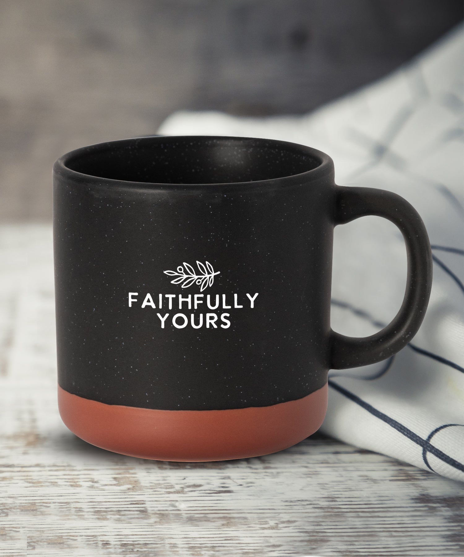 Faithfully Yours Hearthside ceramic mug with speckled finish, natural baked bottom, and faith-inspired message, 14 oz