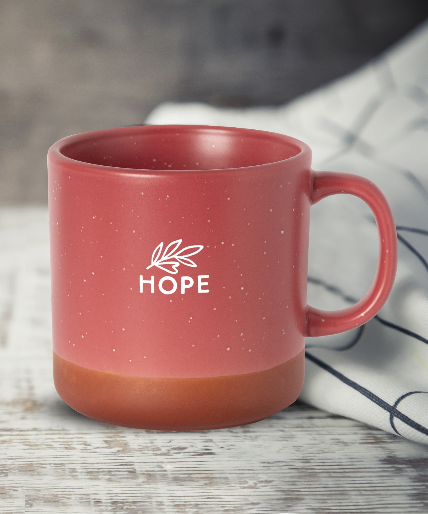 Hope Hearthside ceramic mug with speckled finish, natural baked bottom, and scripture message from John 20:1–18, 14 oz