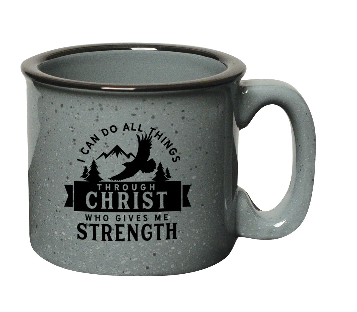 Ceramic camping mug with a design resembling a classic tin cup featuring the message I Can Do All Things.