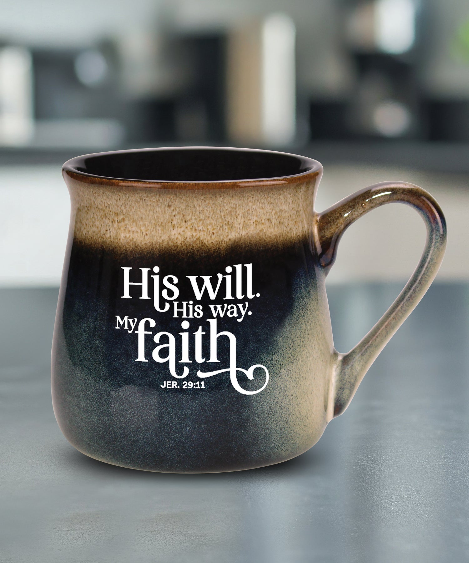His Will His Way reactive glazed ceramic mug with unique color finish and scripture message from Jeremiah 29:11, 16 oz