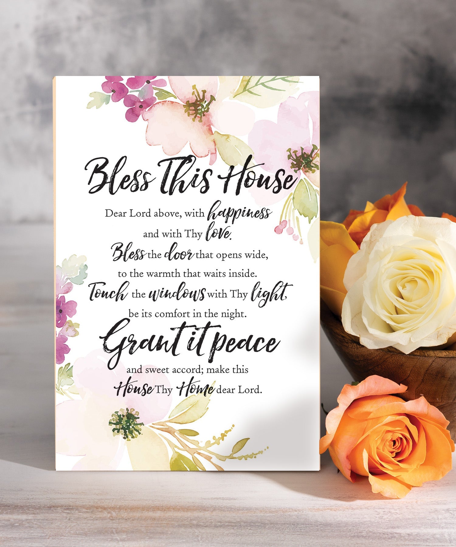 Bless This House 6x9 MDF plaque with inspirational house blessing verse, pastel artwork, cream vinyl edge, easel back, and faith-based home message