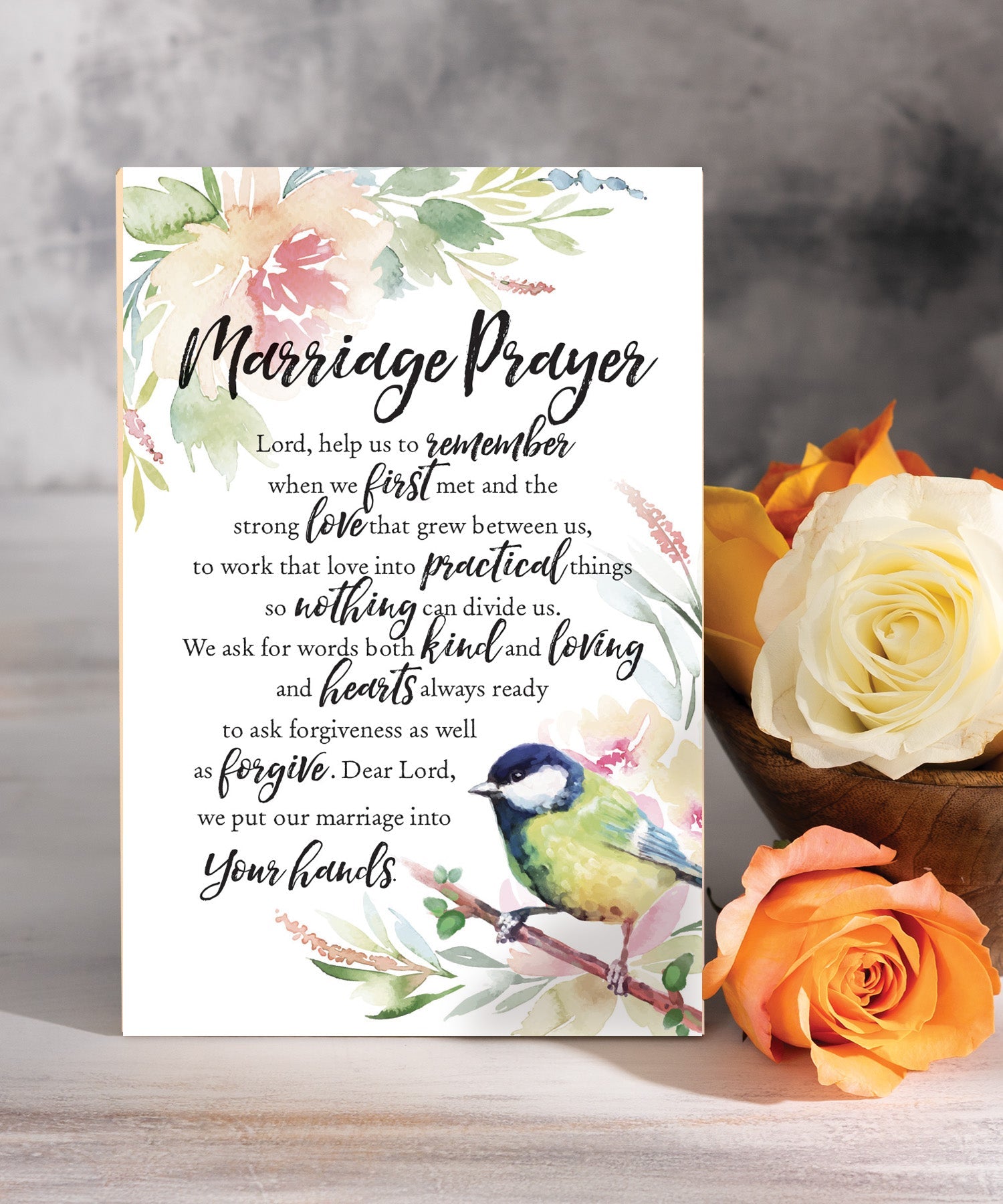 Marriage Prayer 6x9 MDF plaque with inspirational marriage prayer verse, pastel artwork, cream vinyl edge, easel back, and faith-based message