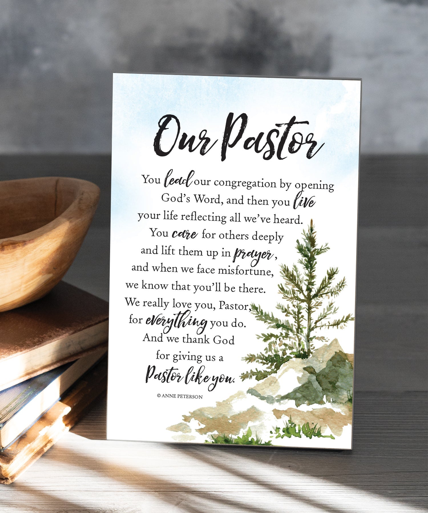 Our Pastor 6x9 MDF plaque with pastor appreciation verse, pastel artwork, cream vinyl edge, easel back, and inspirational faith message