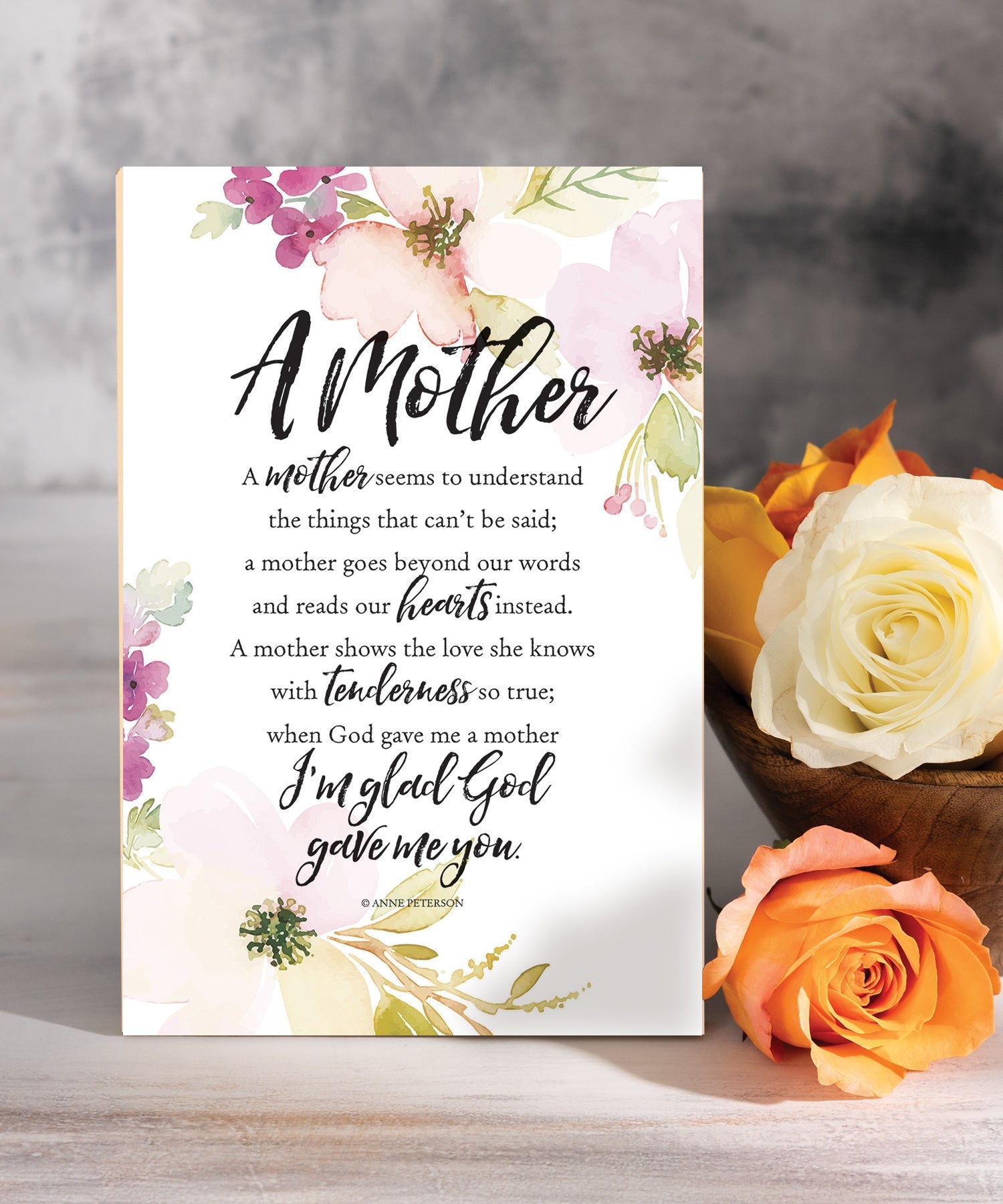 A Mother Who Understands 6x9 MDF plaque with inspirational mother verse, pastel artwork, cream vinyl edge