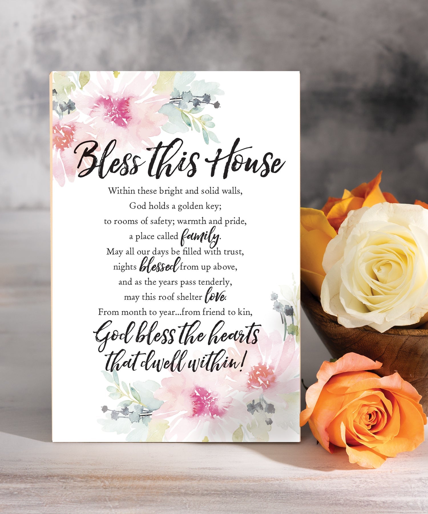 Bless This House 6x9 MDF plaque with inspirational house blessing verse, pastel artwork, cream vinyl edge, easel back, and faith-based home message