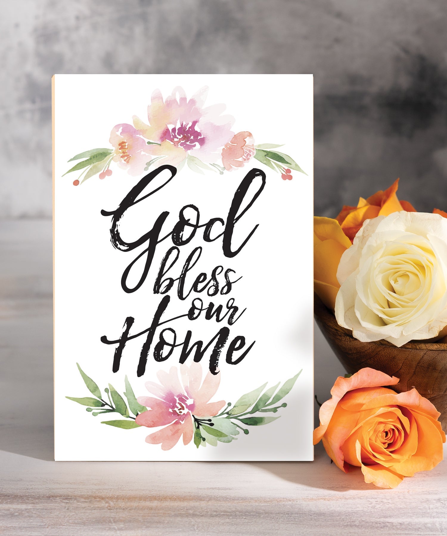 God Bless Our Home 6x9 MDF Plaque with Inspirational Verse and Pastel Full-Color Design from the Woodland Grace Collection