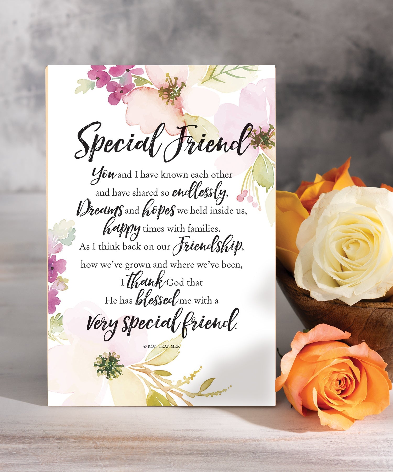 Special Friend 6x9 MDF plaque with inspirational friendship verse, pastel artwork, cream vinyl edge, easel back, and sentimental faith message