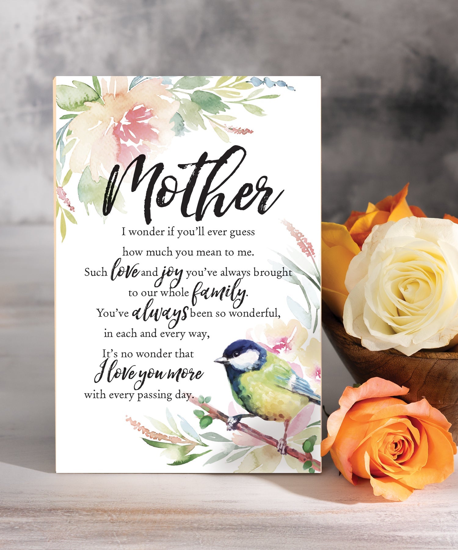 Mother 6x9 MDF plaque with inspirational mother verse, pastel artwork, cream vinyl edge, easel back, and sentimental family message