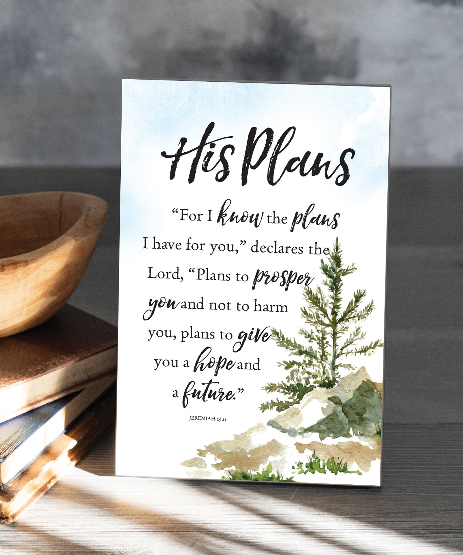 His Plans 6x9 MDF plaque with Jeremiah 29:11 scripture verse, pastel artwork, cream vinyl edge, easel back, and inspirational faith message