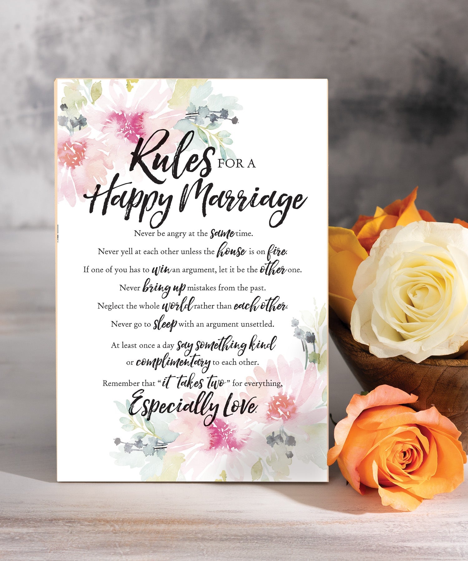 Rules for a Happy Marriage 6x9 MDF Plaque with Inspirational Verse and Pastel Full-Color Design from the Woodland Grace Collection