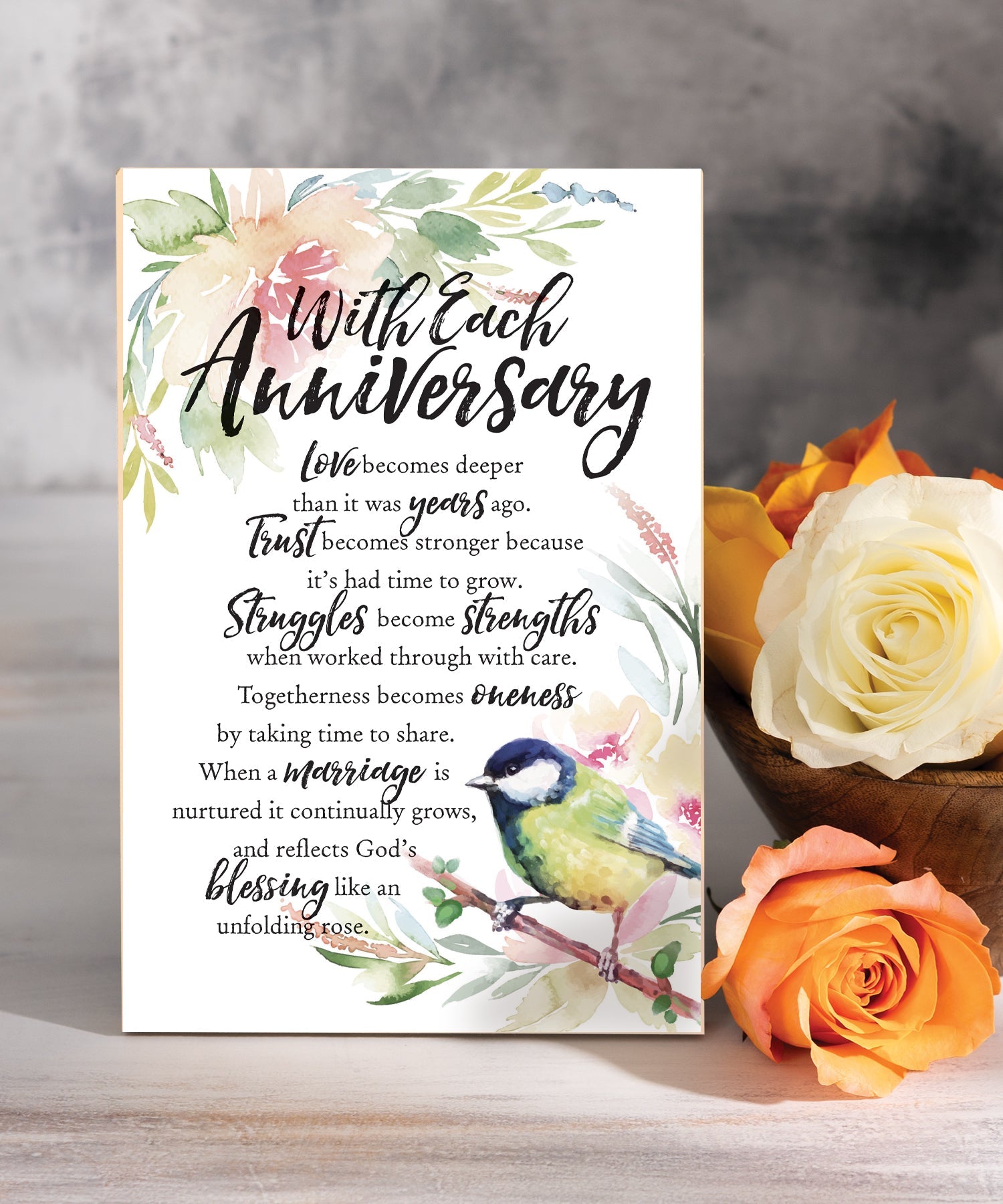 With Each Anniversary 6x9 MDF Plaque with Inspirational Verse and Pastel Full-Color Design from the Woodland Grace Collection