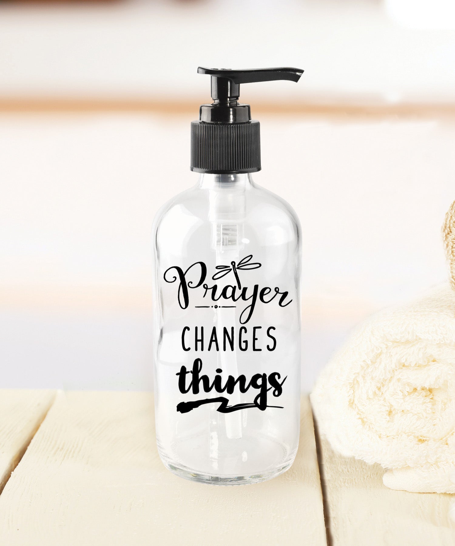 Prayer changes things glass soap dispenser with inspirational faith message on clear glass bottle and plastic pump, 8 oz