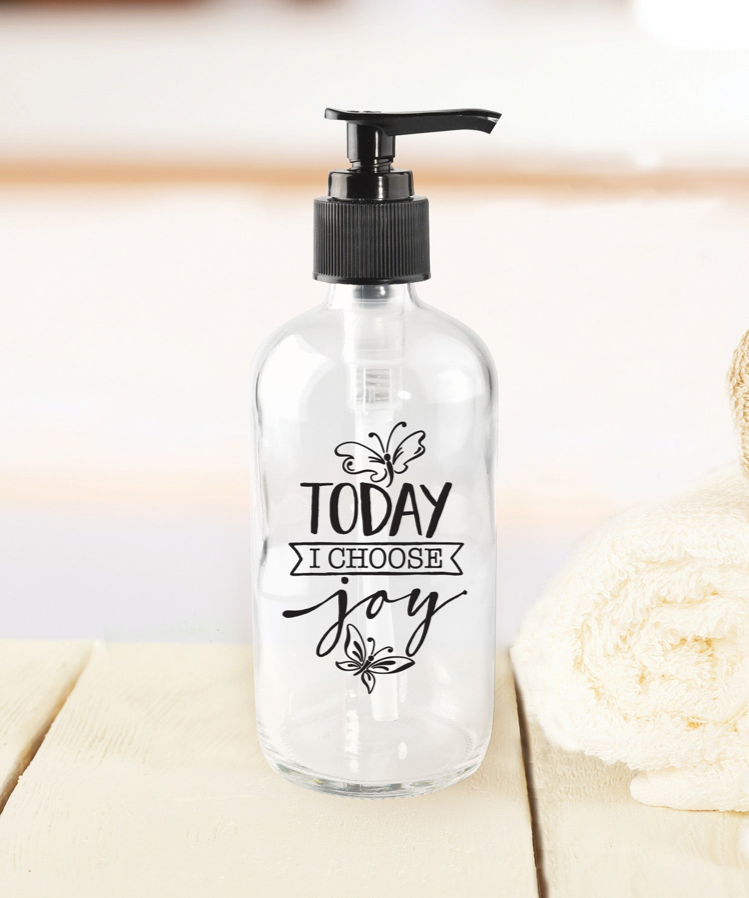 Today I Choose Joy Soap Dispenser - An inspirational glass dispenser with a rust-resistant pump.