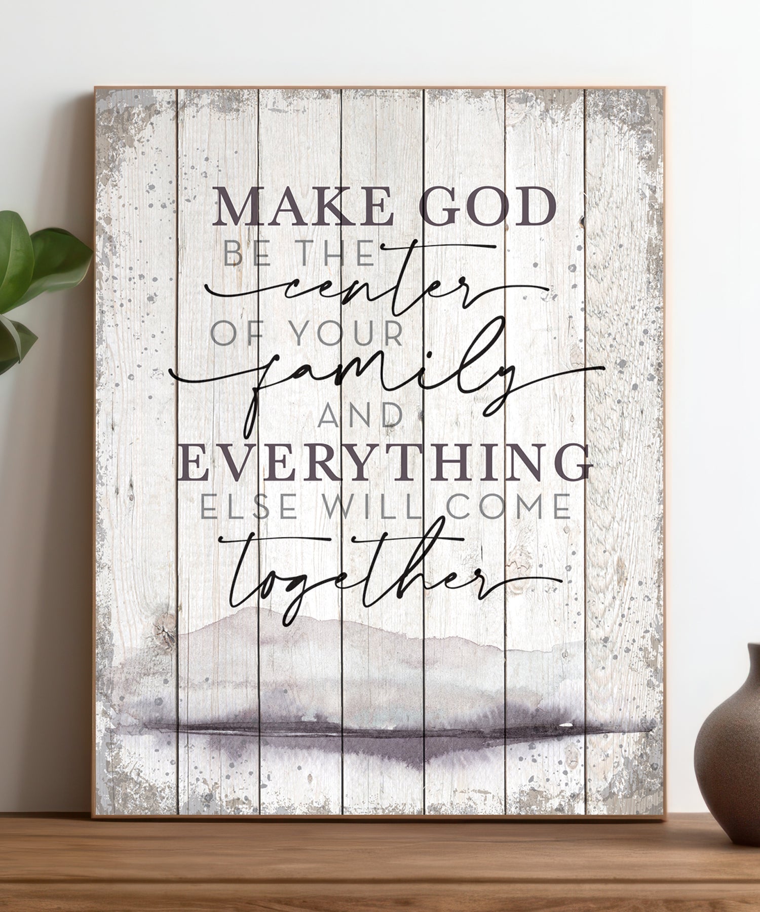 Make God Be the Center 11x15 MDF Statement Board has an inspiring sentiment and a reclaimed wood look in farmhouse style.