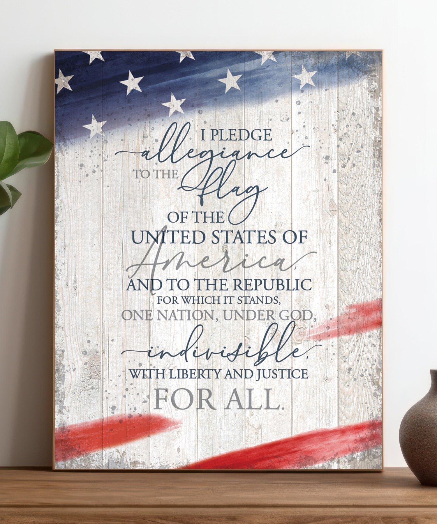Pledge Allegiance 11x15 MDF Statement Board has an inspiring sentiment and a reclaimed wood look in farmhouse style.