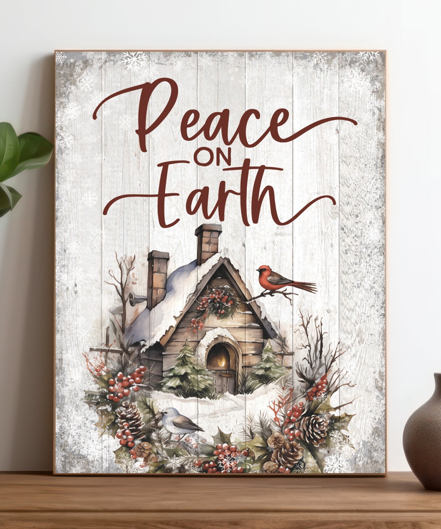 Peace on Earth Christmas 11x15 MDF Statement Board with festive full-color design and modern farmhouse style, perfect for holiday décor.