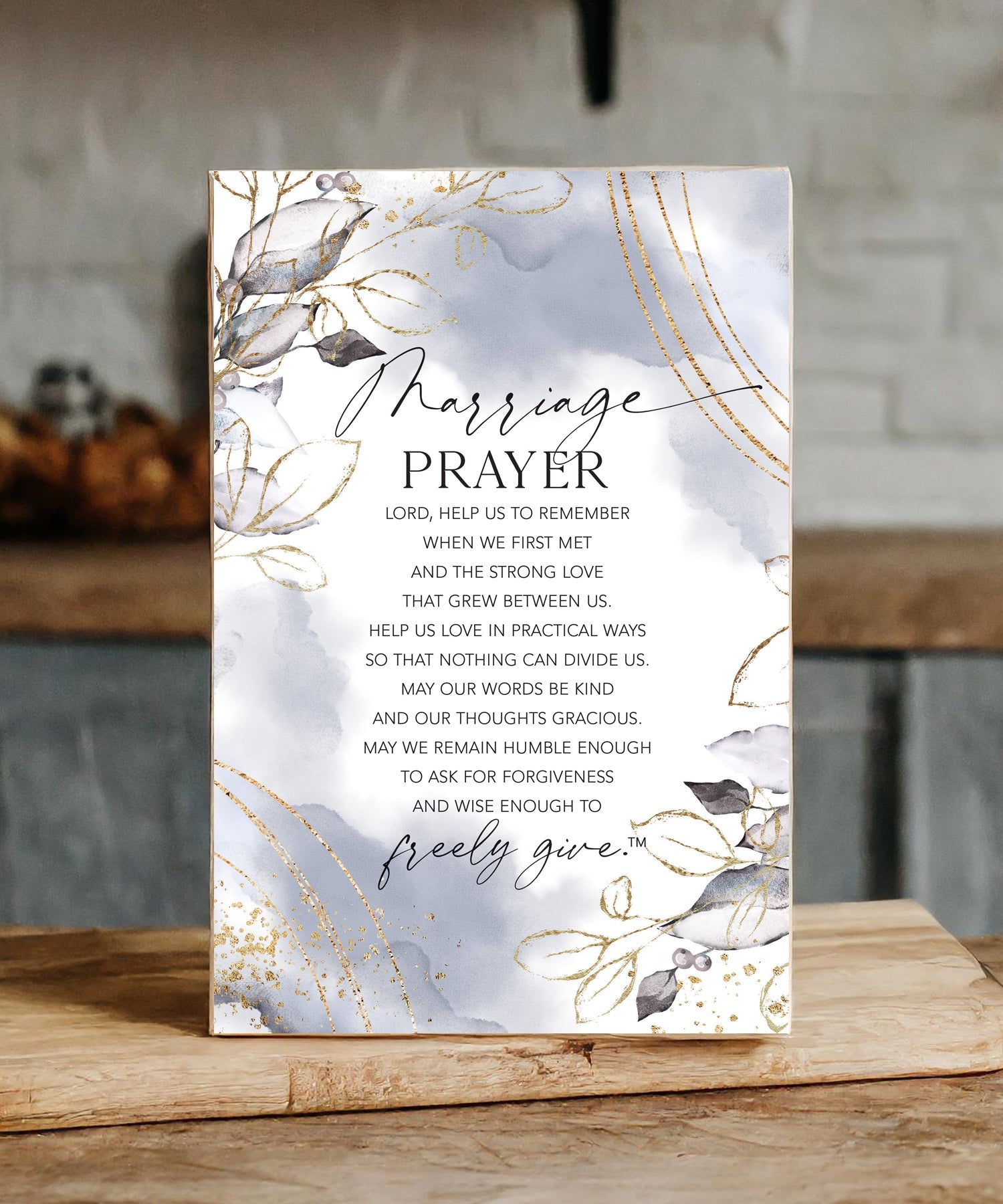 Marriage Prayer 6x9 MDF plaque with watercolor artwork, black vinyl edge, and inspirational marriage prayer message