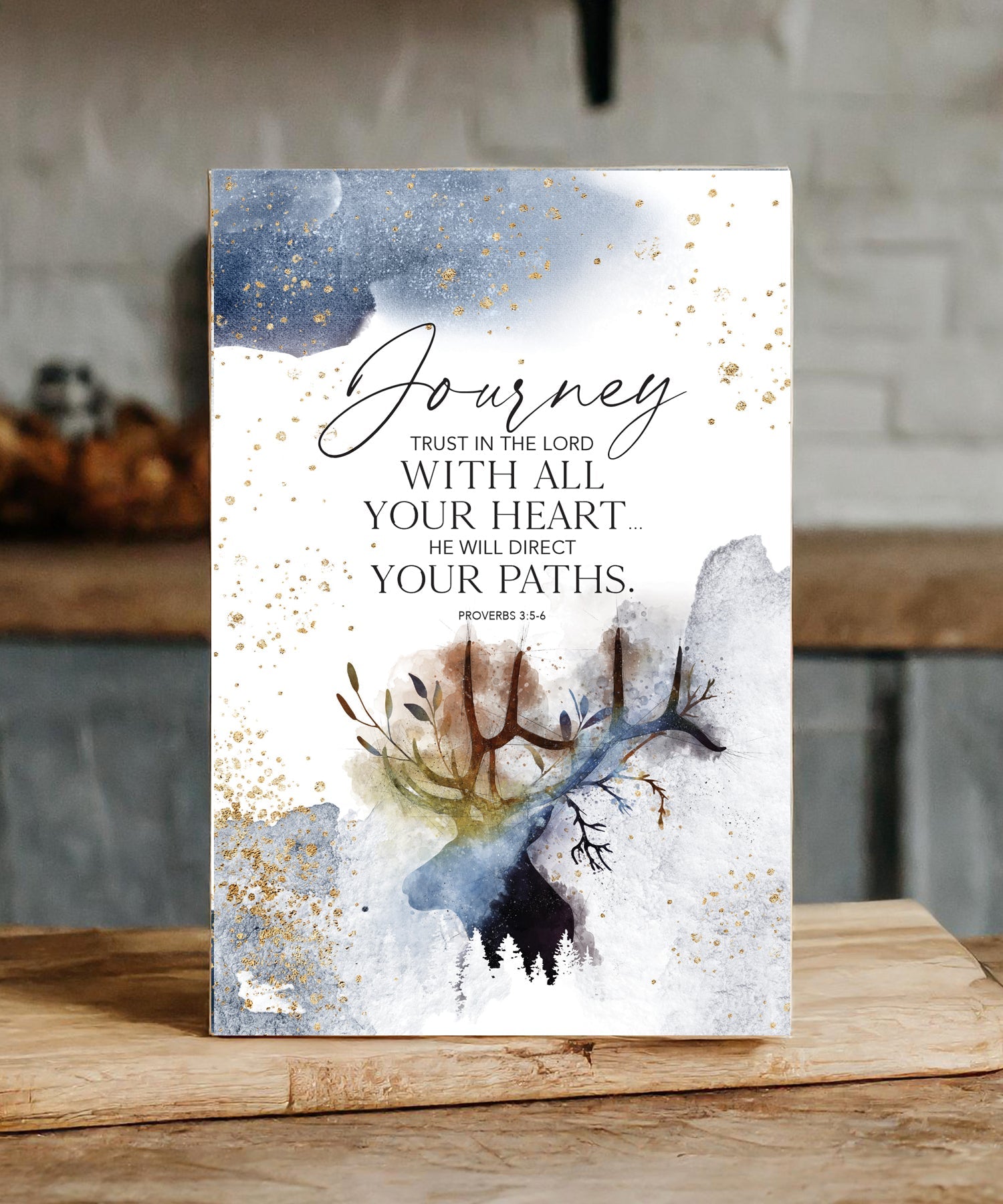 Journey 6x9 MDF plaque with watercolor artwork, black vinyl edge, and Scripture verse from Proverbs 3:5–6