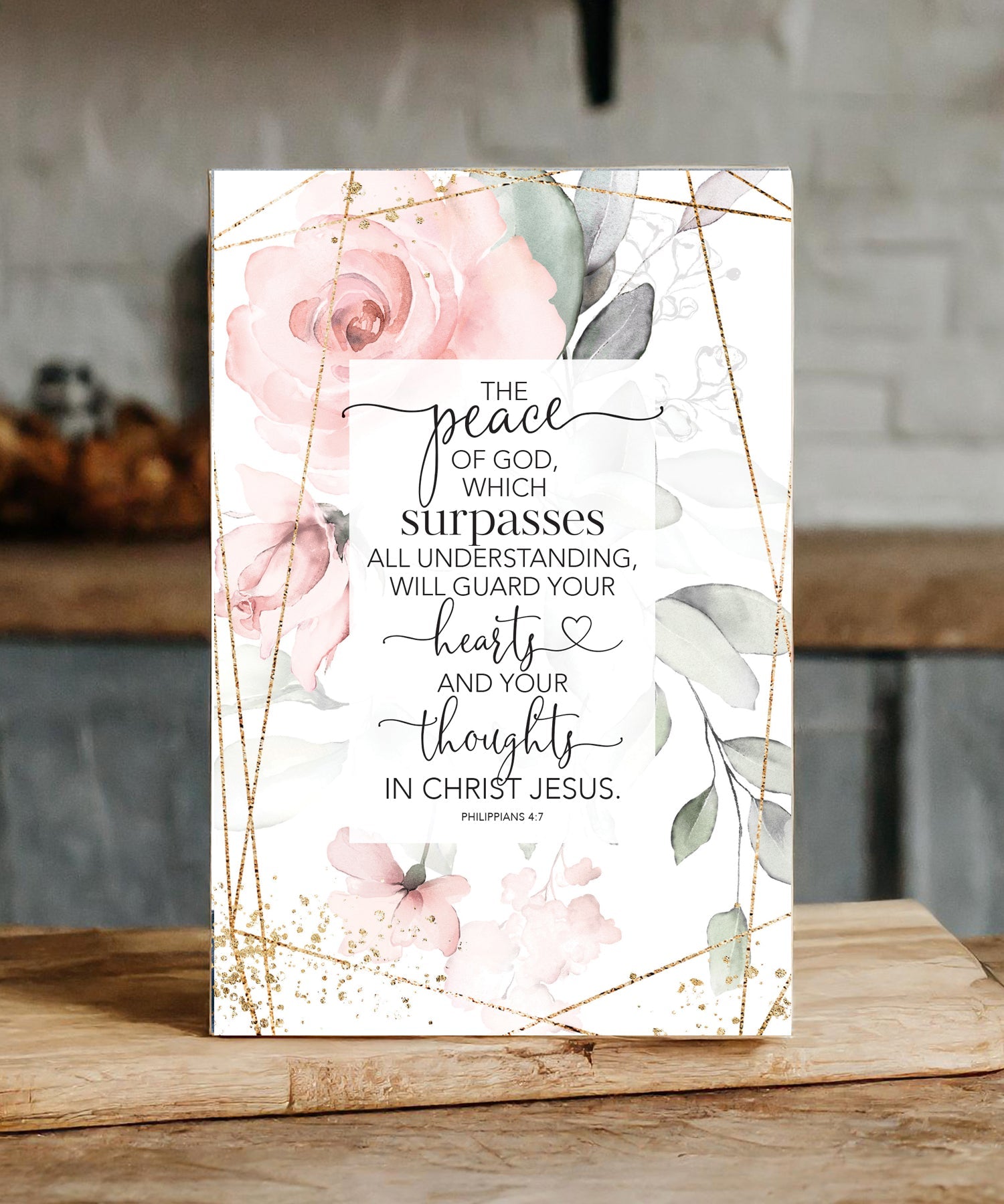 The Peace of God 6x9 MDF Plaque with neutral tones, watercolor design, and inspirational verse