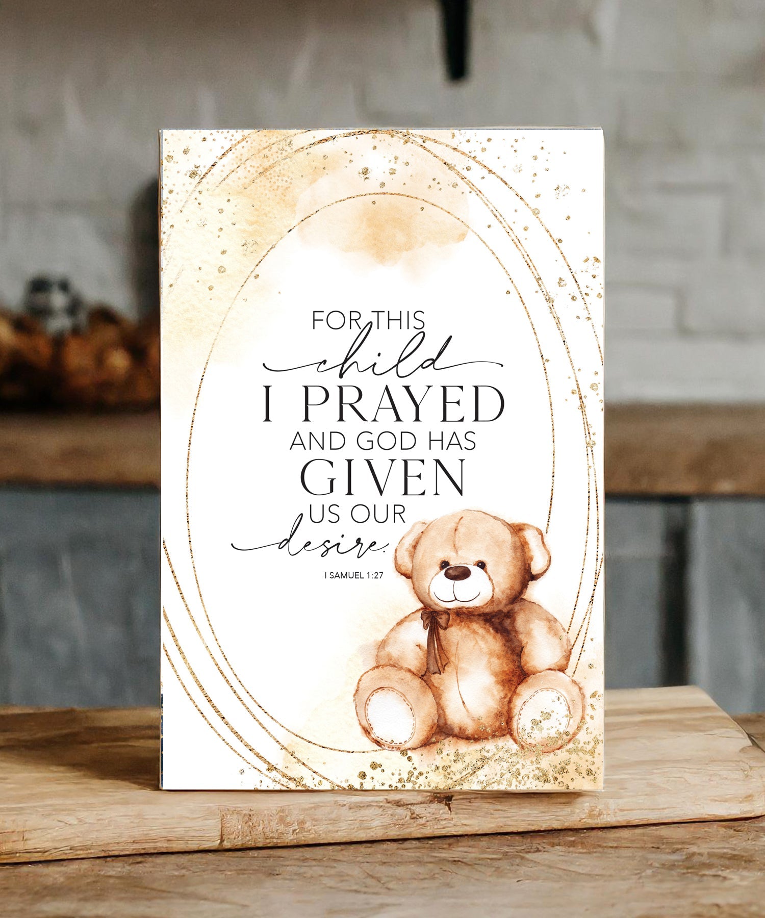 For This Child I Prayed 6x9 MDF plaque with watercolor artwork, black vinyl edge, and Scripture verse from I Samuel 1:27