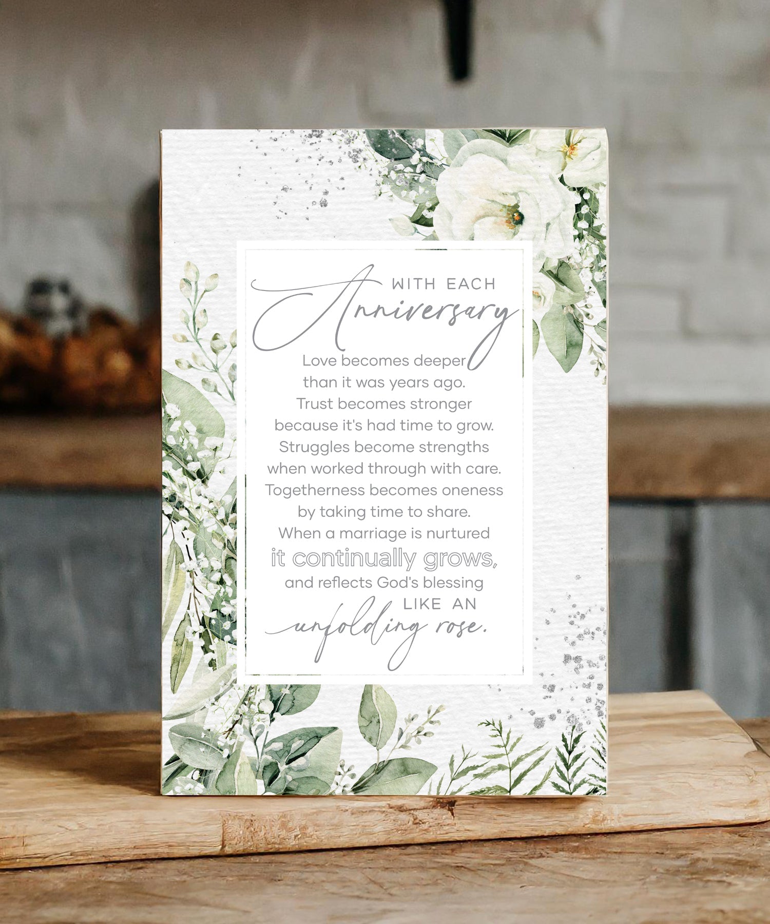 With Each Anniversary 6x9 MDF plaque with watercolor artwork, silver edge, and inspirational anniversary message