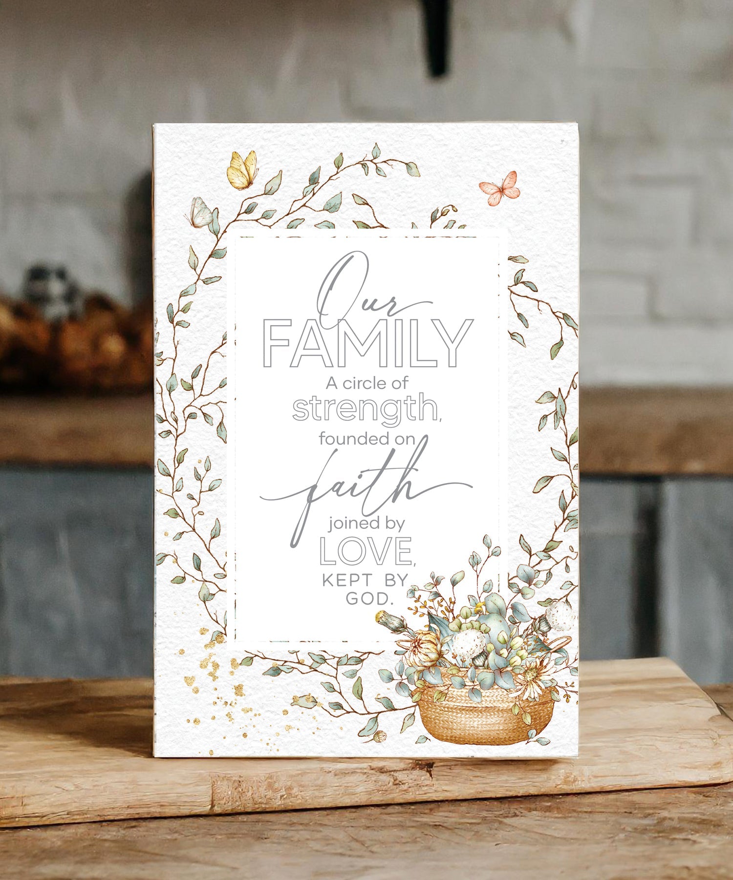 Our Family 6x9 MDF plaque with watercolor artwork, silver edge, and inspirational family message