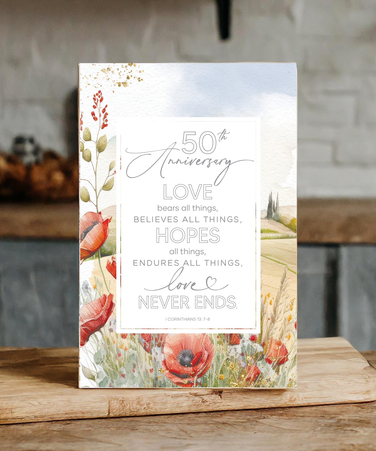 50th Anniversary 6x9 MDF Plaque with modern design, silver edge, and inspirational verse