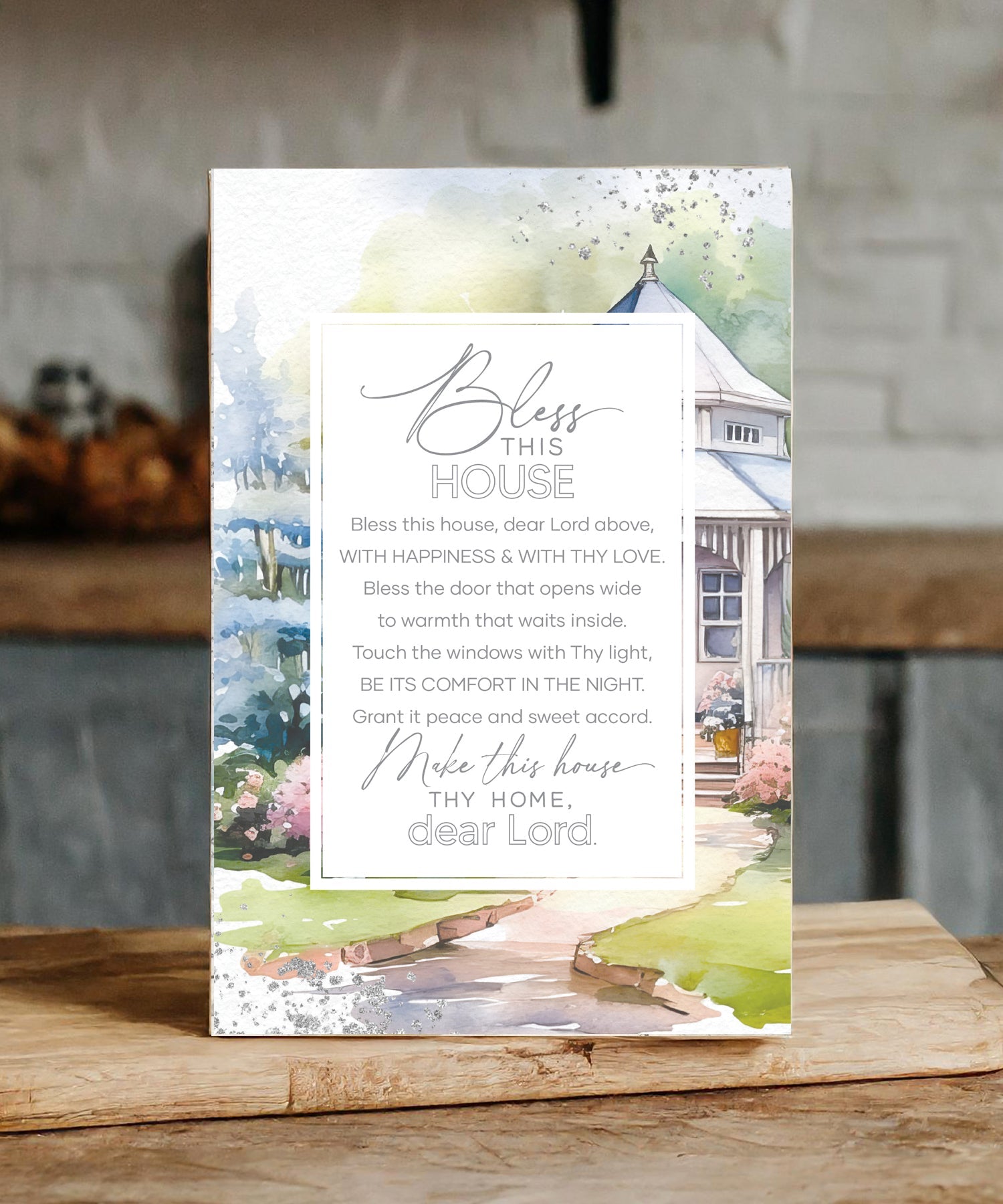 Bless This House 6x9 MDF plaque with watercolor artwork, silver edge, and inspirational home blessing message
