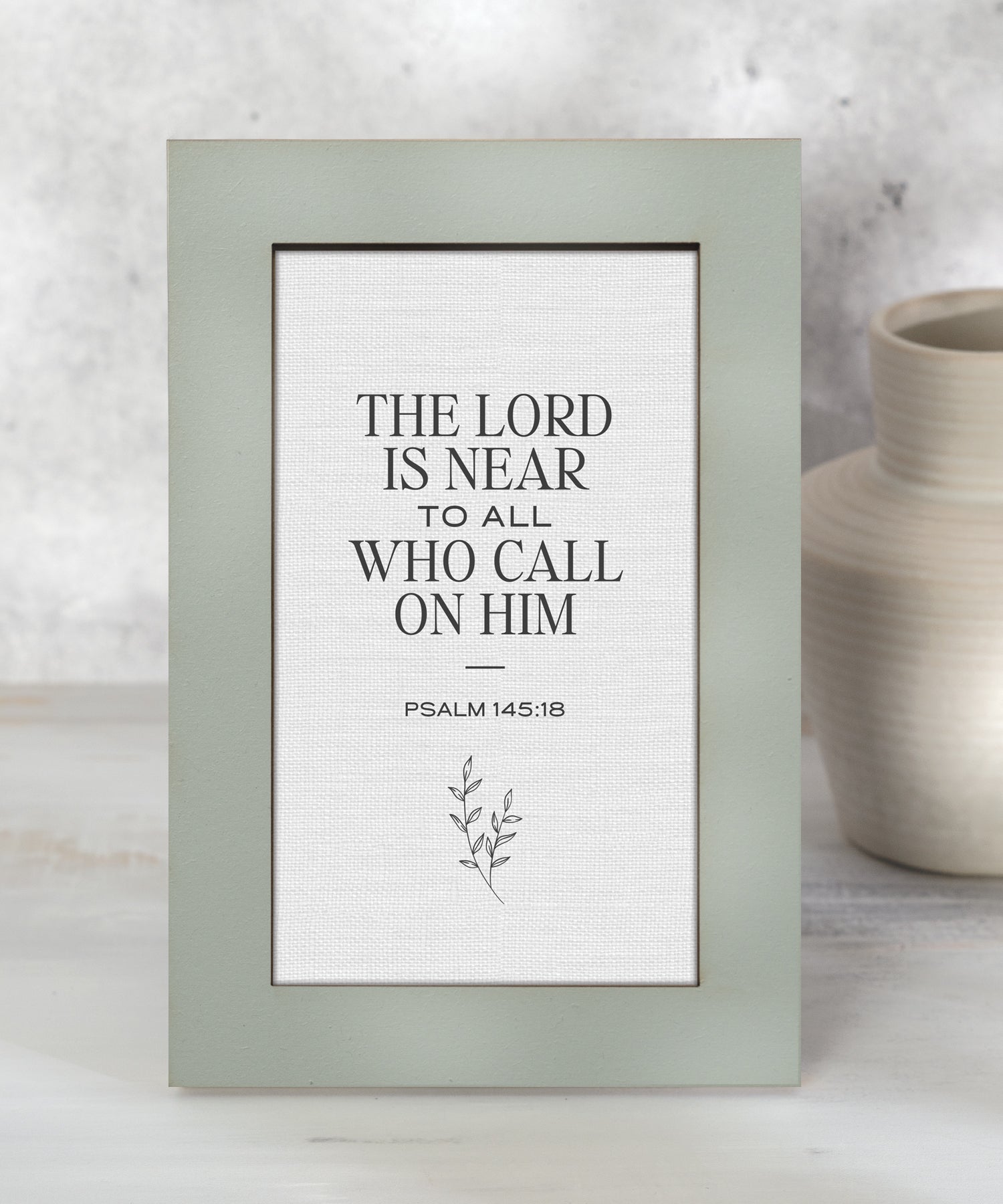 The Lord Is Near inspirational Christian 6x9 MDF plaque with modern sage green frame and neutral linen design