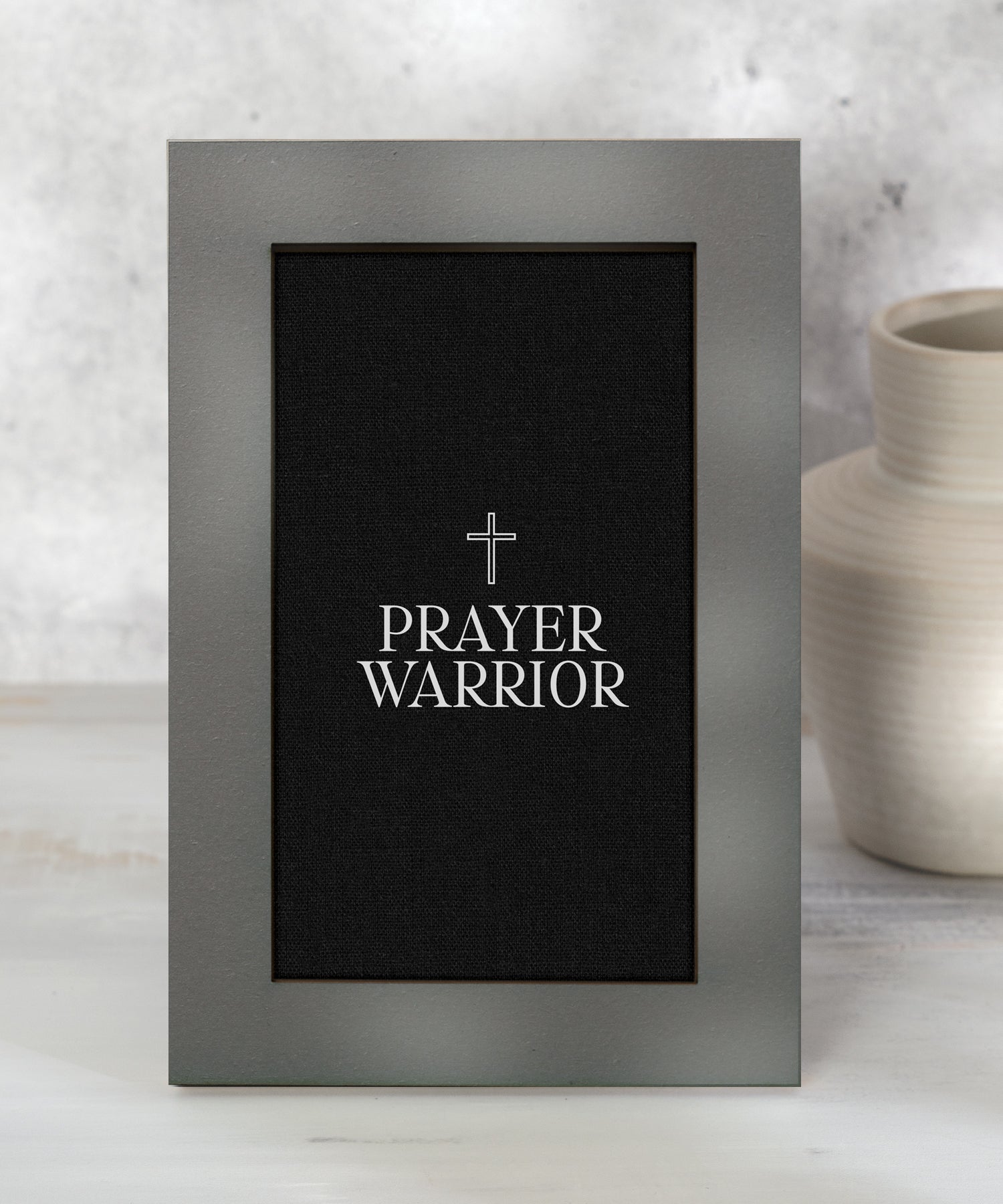 Prayer Warrior inspirational Christian 6x9 MDF plaque with modern black linen design
