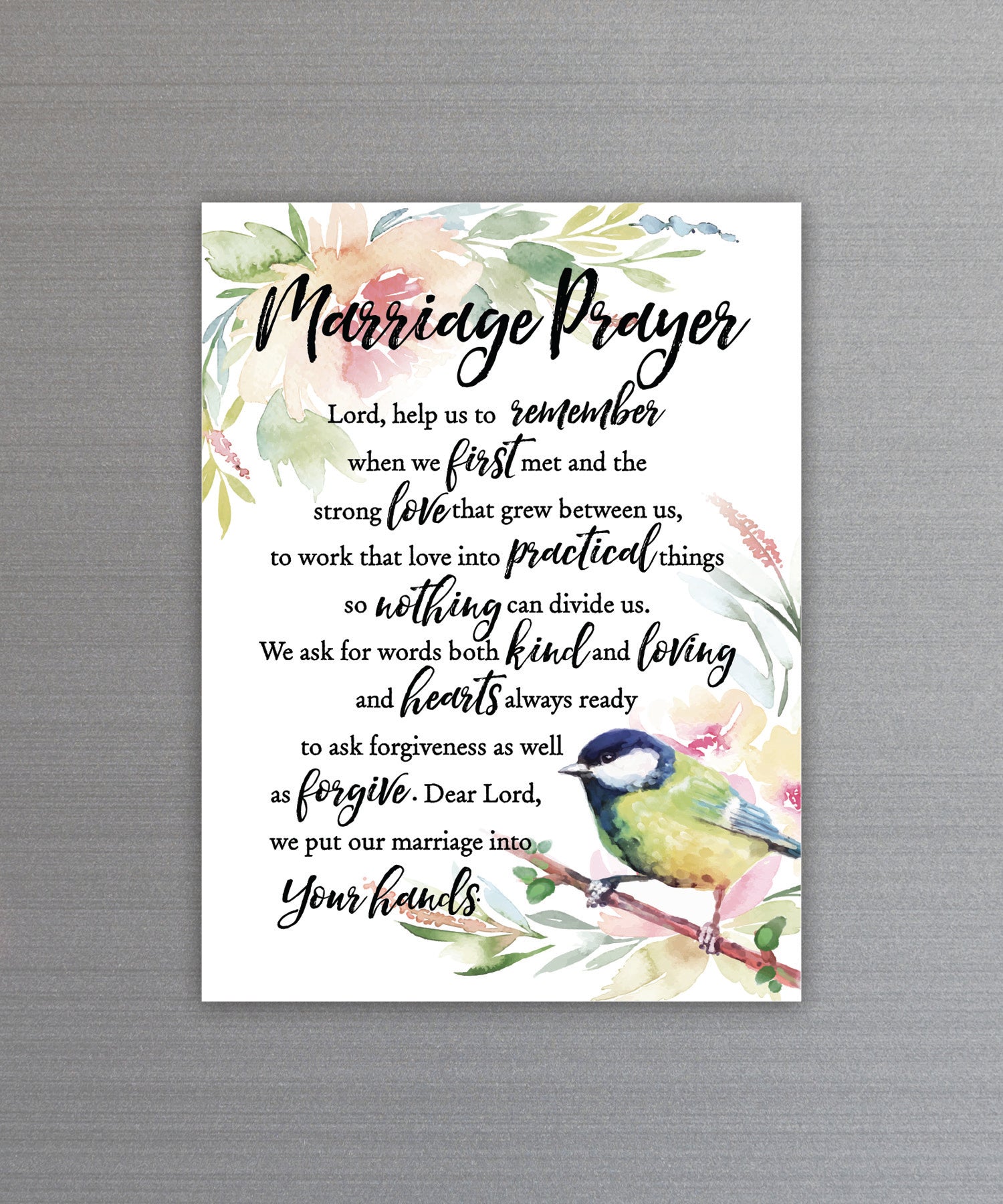 Full-color Marriage Prayer Magnet with inspirational verse and vibrant imagery featuring a strong magnetic backing.