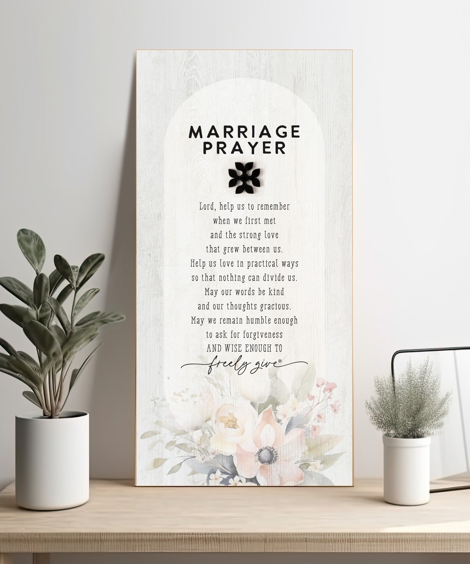 Marriage Prayer 6x13 MDF Statement Board with neutral-toned artwork, natural edge, farmhouse-style design, and a laser-cut black wood emblem accent under the title featuring an inspirational quote.