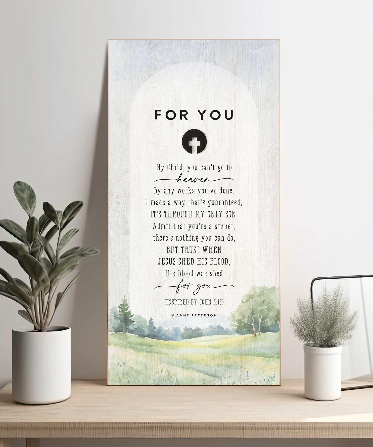 For You 6x13 MDF Statement Board with neutral-toned artwork, natural edge, farmhouse-style design, and a laser-cut black wood emblem accent under the title featuring an inspirational quote.